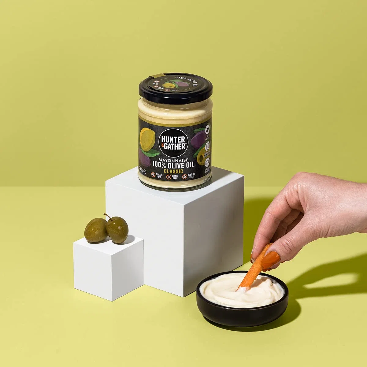 Hunter & Gather Mayonesa de Aceite de Oliva 250g | Hecha con Yema de Huevo Campero Británico | Mayonesa Paleo, Keto, Libre de Azúcar y Gluten | Libre de Saborizantes Artificiales