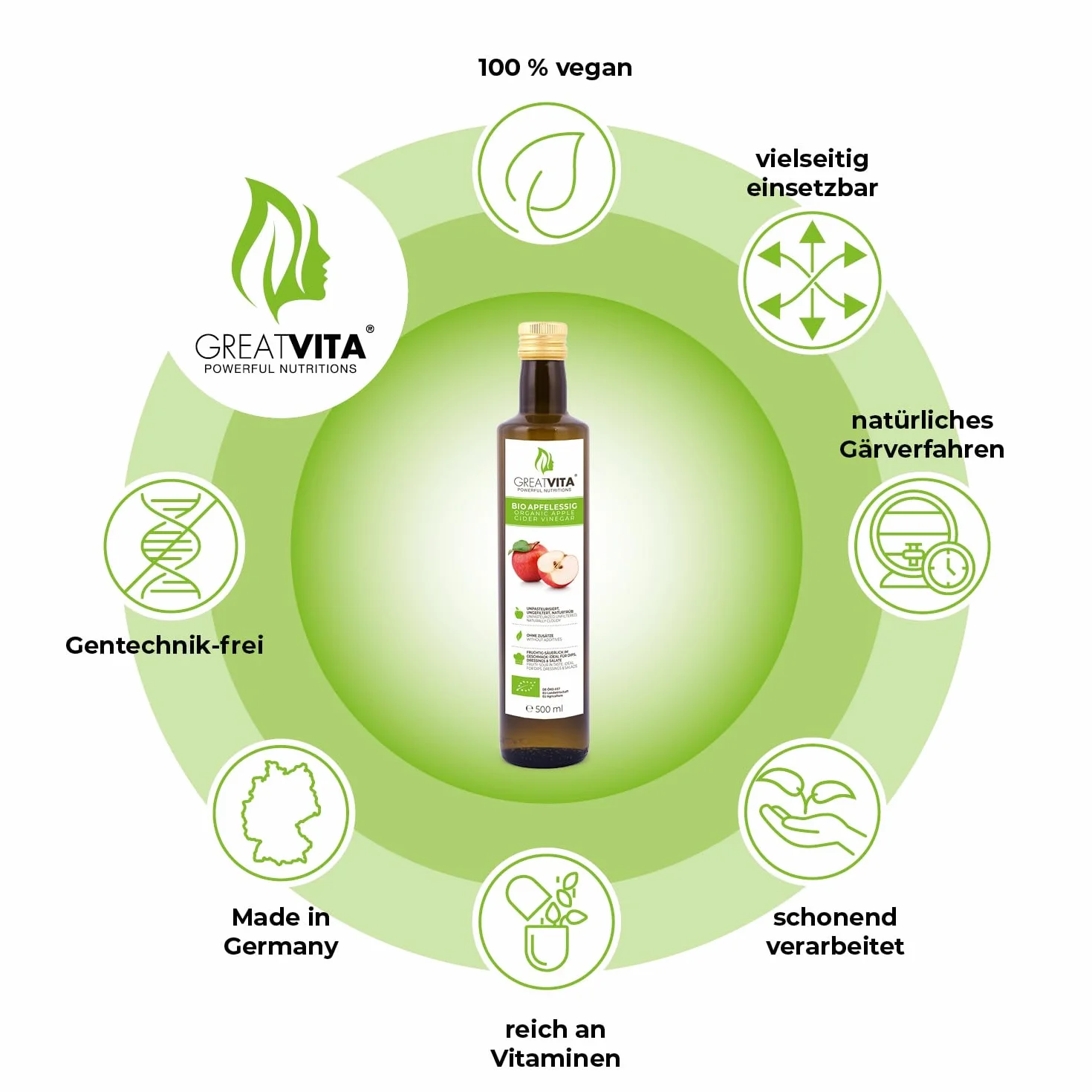 GreatVita - Vinagre de sidra de manzana ecológico (4 x 500 ml, sin filtrar, con tuerca de vinagre, impresión puede variar)