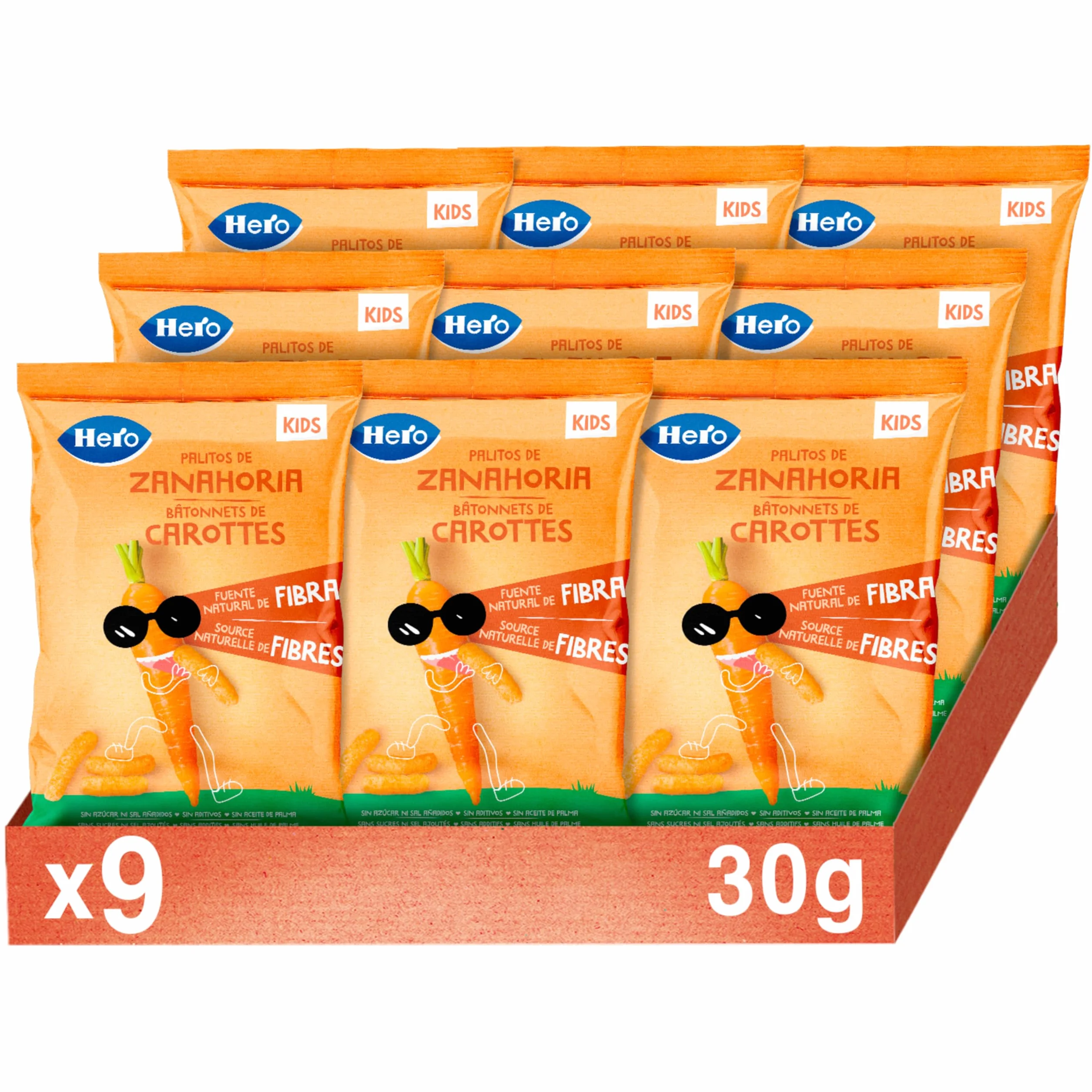 Hero – Snack Bâtonnets Carotte, Sans sucre, gluten, huile de palme ni allergènes, origine naturelle, produit écologique – Pack de 9x30 g