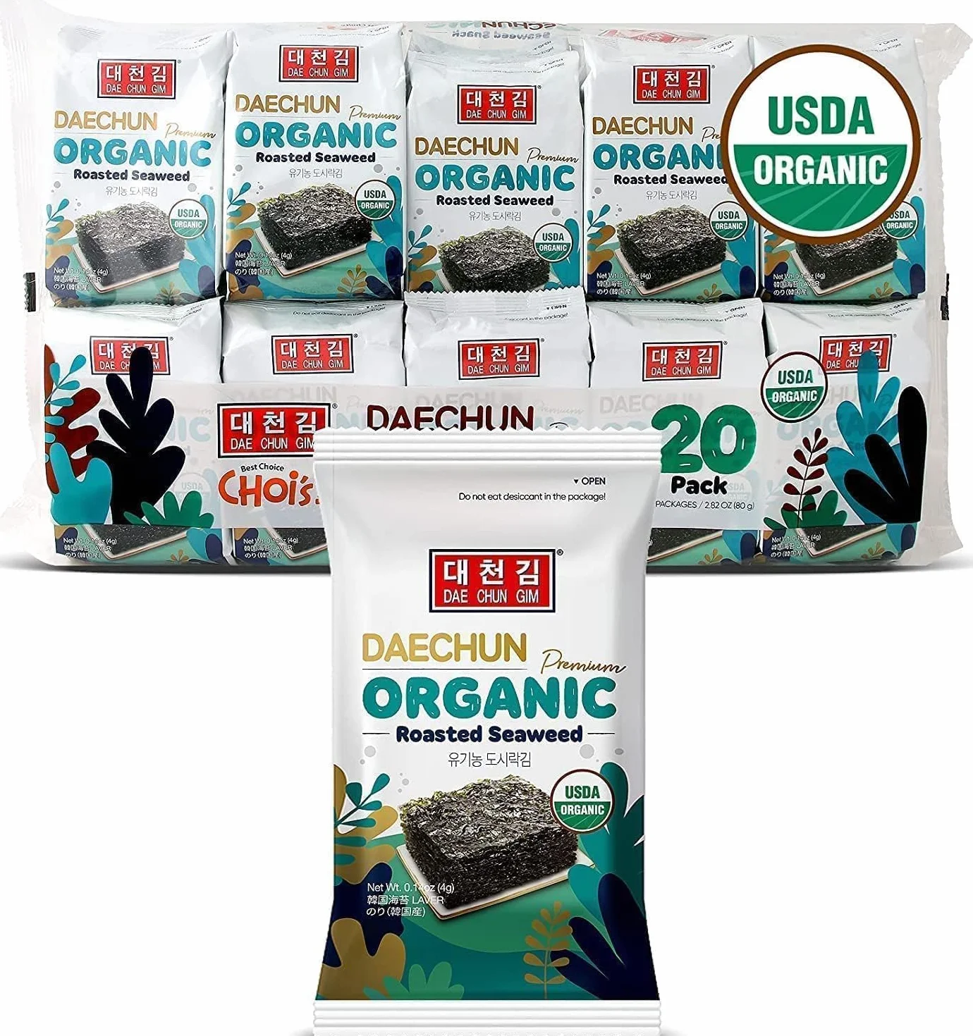 DAECHUN orgánico (Choi's1) Bocadillos de algas marinas Paquete de 20 Original Corea Premium Gran producto