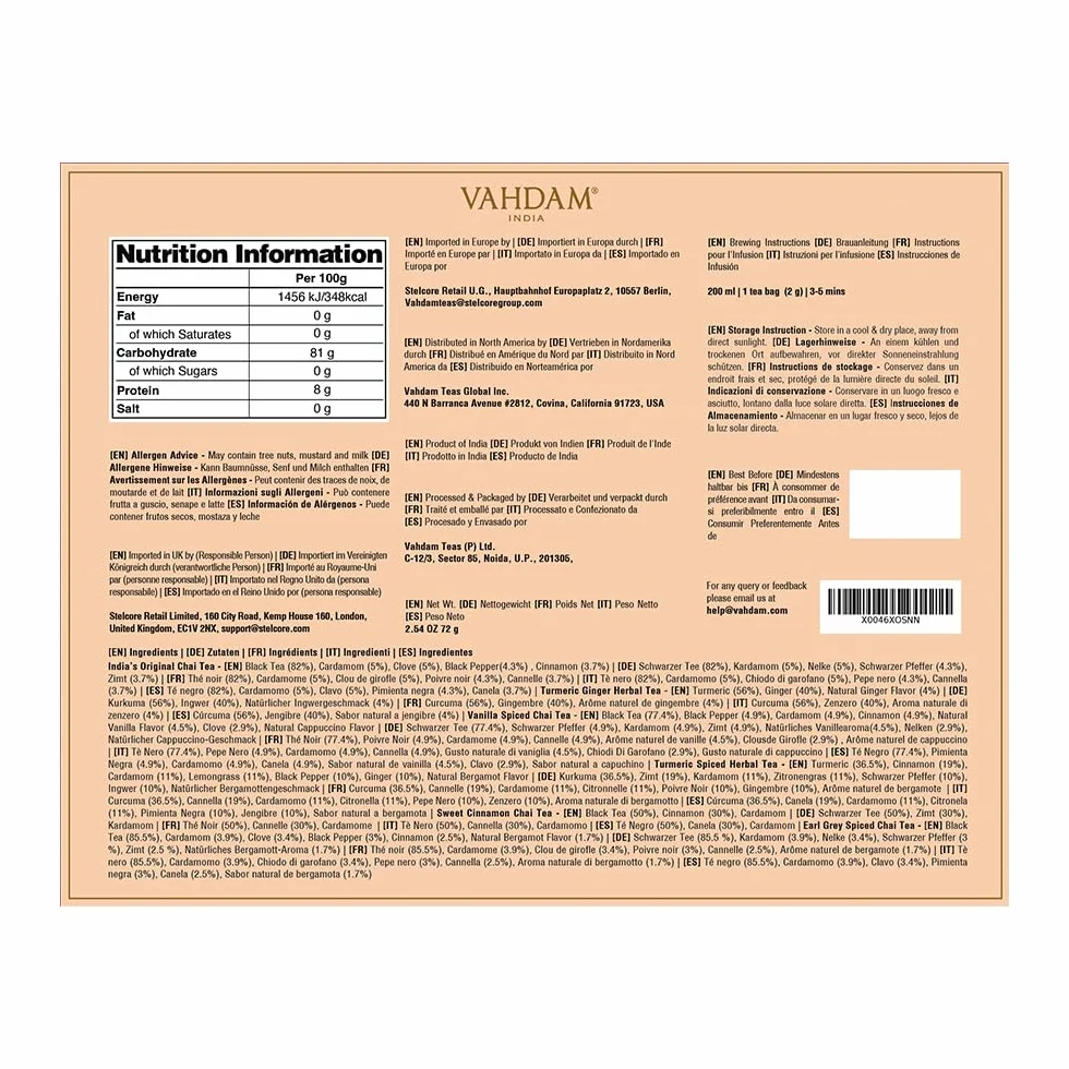 VAHDAM Caja De Regalo Variada De Té Chai (6 Sabores, 36 Bolsas) Con Cafeína, Sin Gluten, Sin OGM | Caja De Infusión De Con Mezclas De Indio Masala Chai