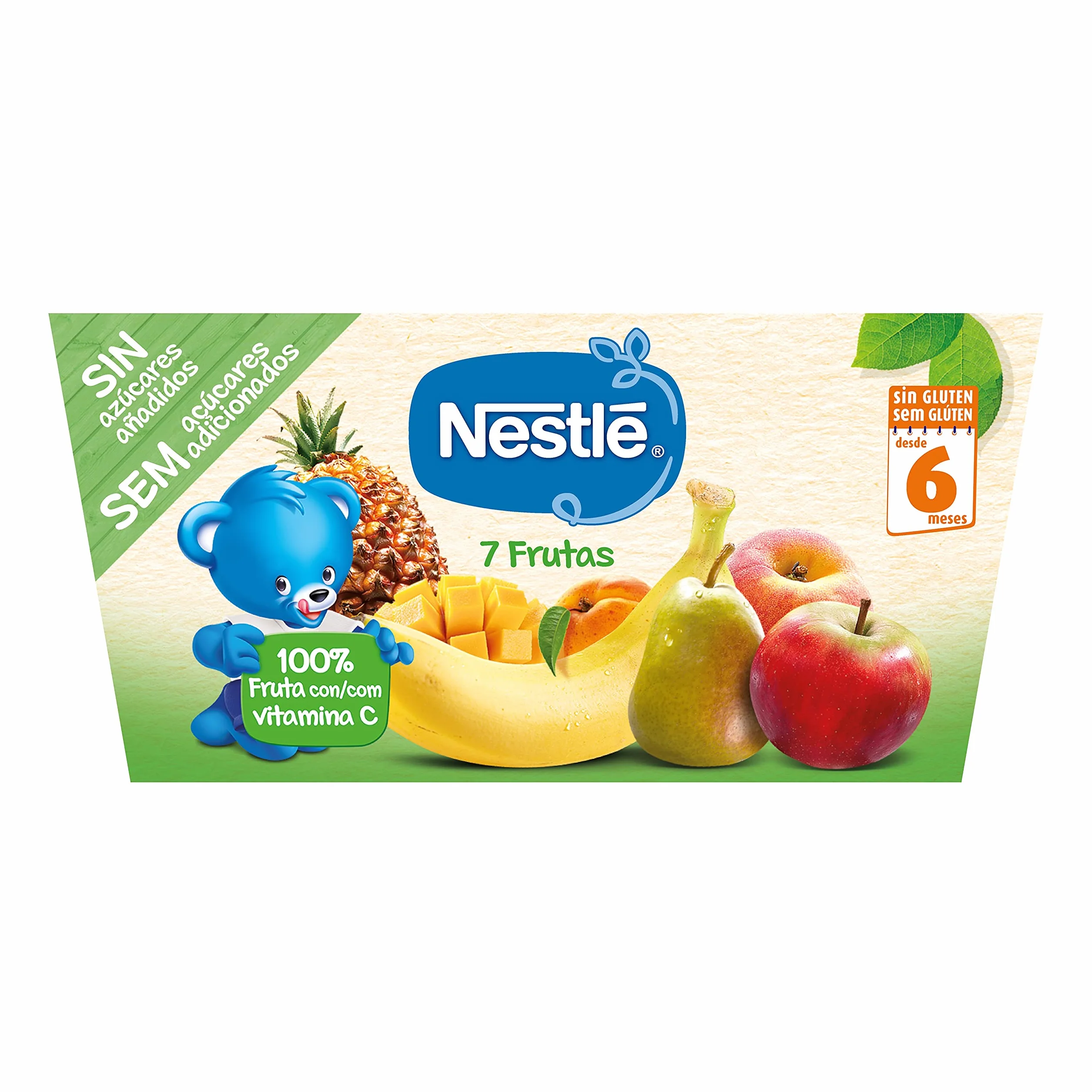 NESTLE Puré 7 Frutas, desde 6 meses, Pack Tarrinas Pack de 6 (4x100g), Fórmula mejorada