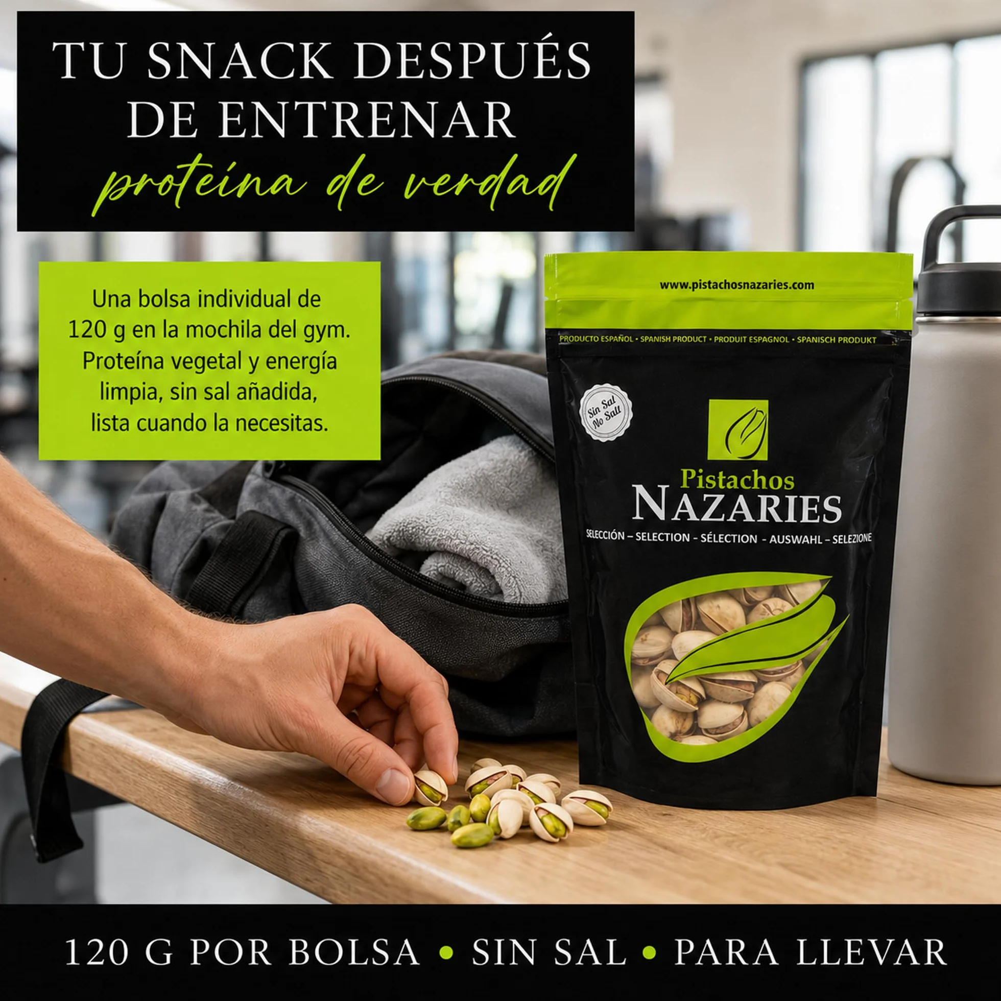 PISTACHOS NAZARIES Pistachos Tostados Sin Sal 8 x 120 g Pistacho Español Cultivo Propio Andalucia Malaga Snack Saludable Fitness Sin Gluten Frutos Secos Aperitivo Individual Para Llevar Gym Oficina