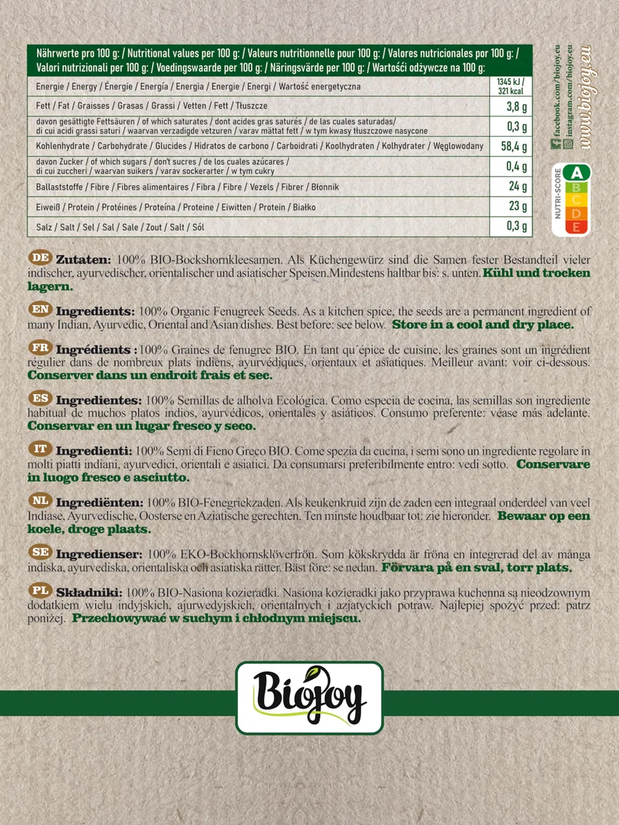 Biojoy Semillas de Fenogreco Orgánico (1 kg), secas y enteras, para Té de fenogreco