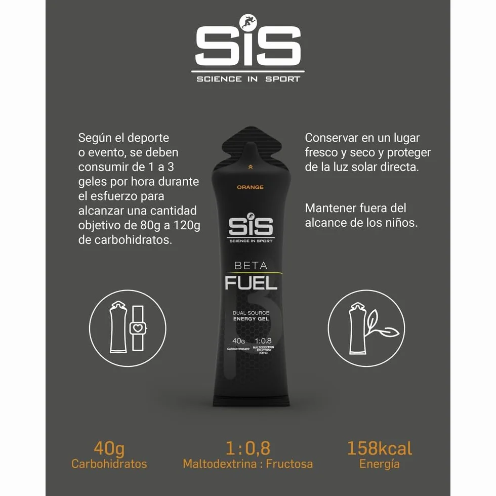 Science in Sport BETA Fuel Dual Source Gel 6x60ml Naranja - Gel energético rico en carbohidratos con 40g de hidratos de carbono - Energy gel de fácil digestión para un rendimiento óptimo