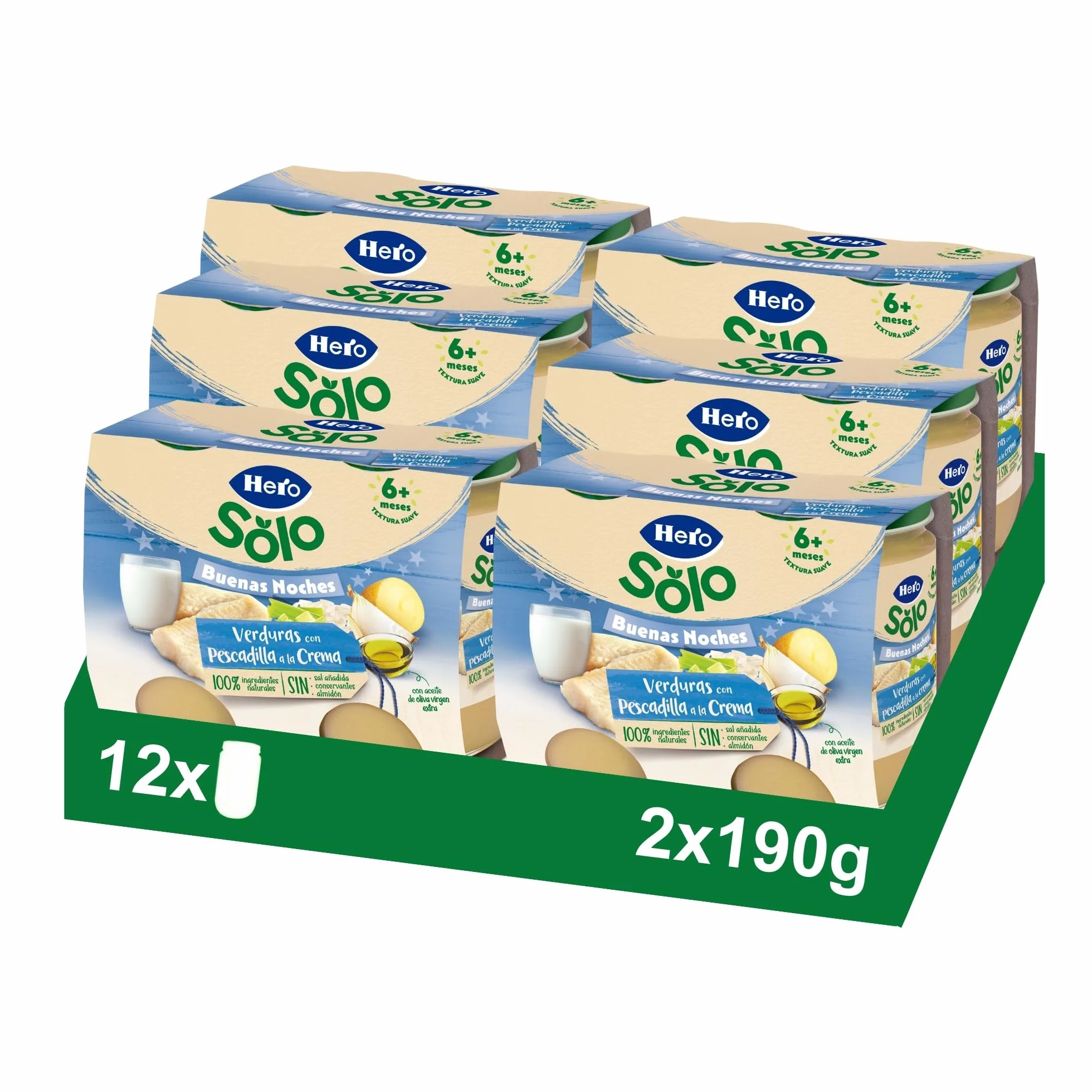 Hero Baby Tarritos Infantiles Buenas Noches Verduritas con Pescadilla a la Crema 190g Paquete de 12