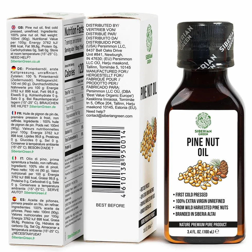 Aceite de nuez de pino siberiano 3.4 fl.oz / 100ml crudo extra virgen sin refinar, primer prensado en frío de piñones recolectados en el medio silvestre