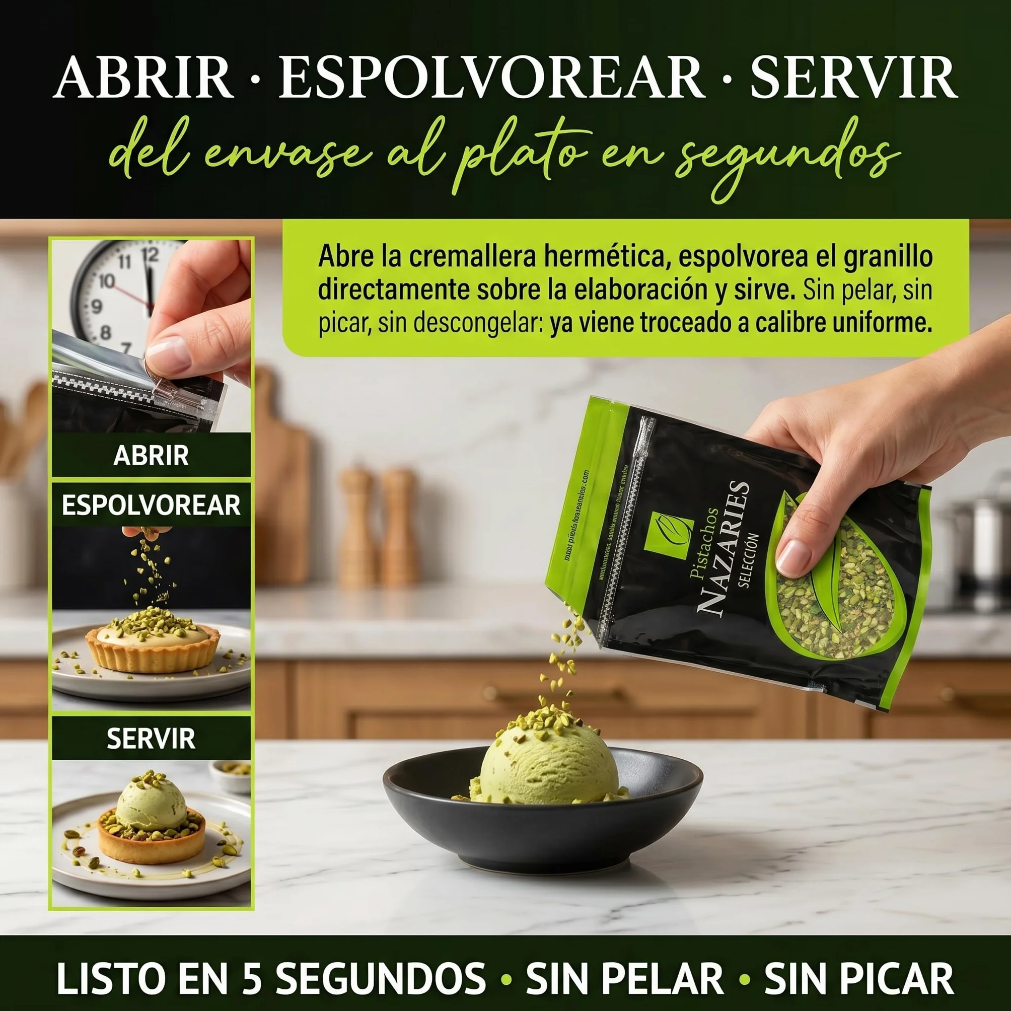 Nazaries Granillo de Pistacho al Natural Sin Sal pack 2x250 g Bolsa Hermetica Sin Gluten Andalucia Troceado Reposteria Helados Tarta Yogur Baklava Decoracion Postres Frutos Secos Picado Crudo Pelado