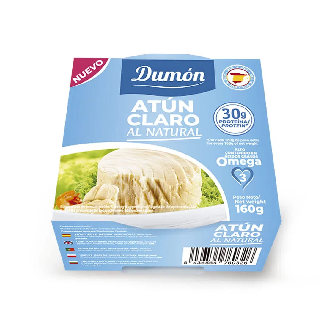 DUMON - 8 unidades de 160g Atún Claro al Natural en Conserva, en su propio jugo o agua. Pescado enlatado alto en Omega 3 y proteína