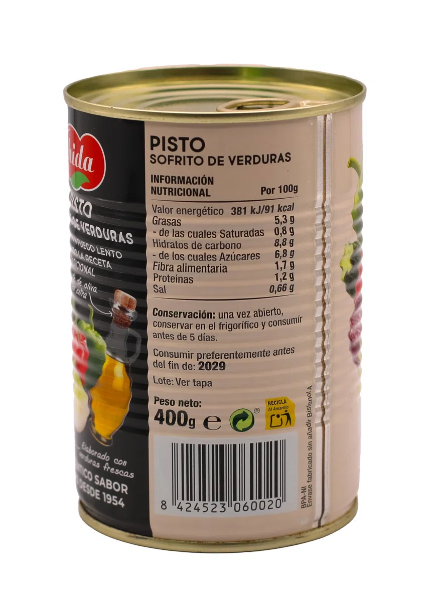 Hida Pisto Sofrito de Verduras - Paquete de 6 x 400 gr - Total: 2400 gr