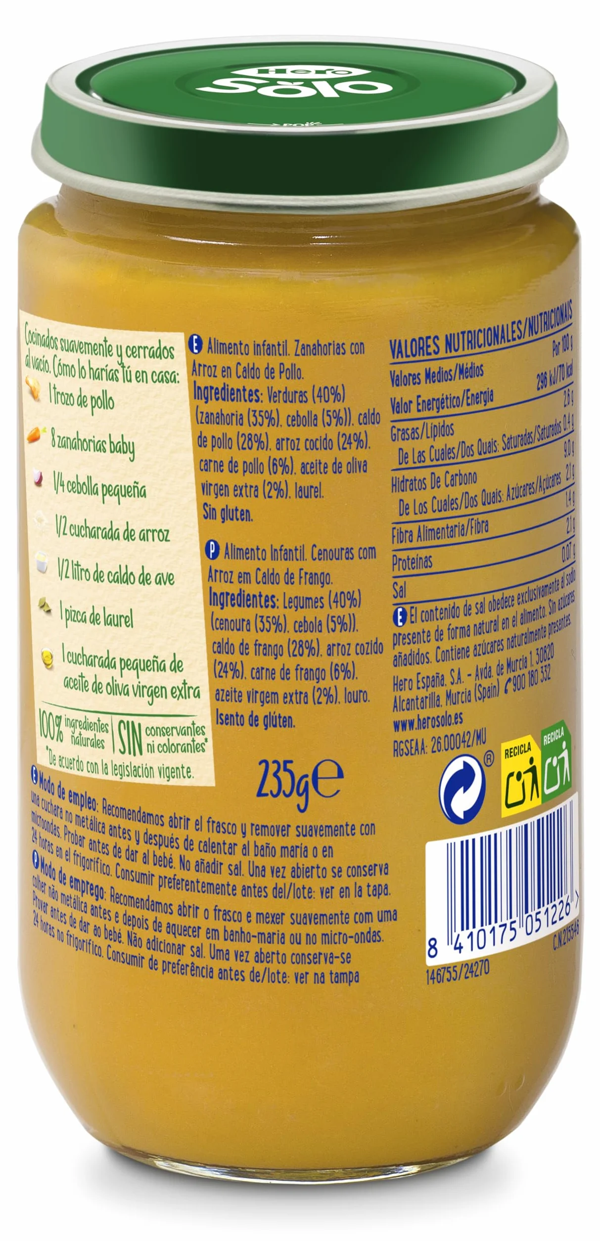 Hero Baby Tarritos Infantiles Zanahorias con Arroz en Caldito de Pollo Sin Aceite de Palma 235 g Paquete de 12