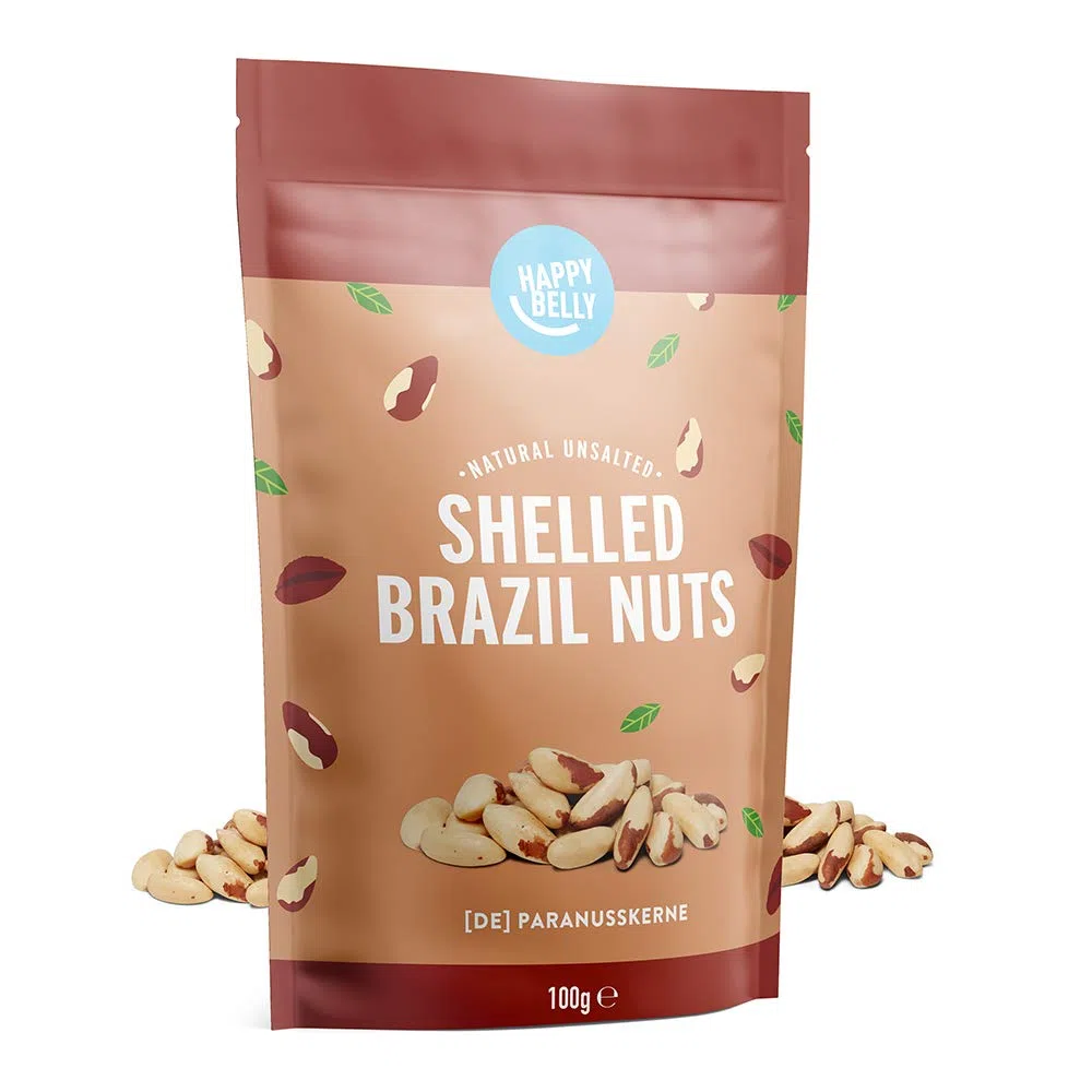 Marca Amazon - Happy Belly Nueces de Brasil sin cáscara, Sin Sal, 100g, Paquete de 7
