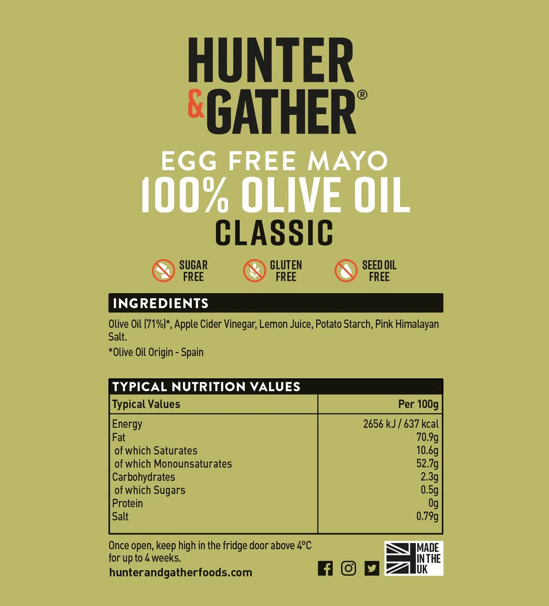 Hunter & Gather Mayonesa de Aceite de Oliva 250g | Hecha con Yema de Huevo Campero Británico | Mayonesa Paleo, Keto, Libre de Azúcar y Gluten | Libre de Saborizantes Artificiales