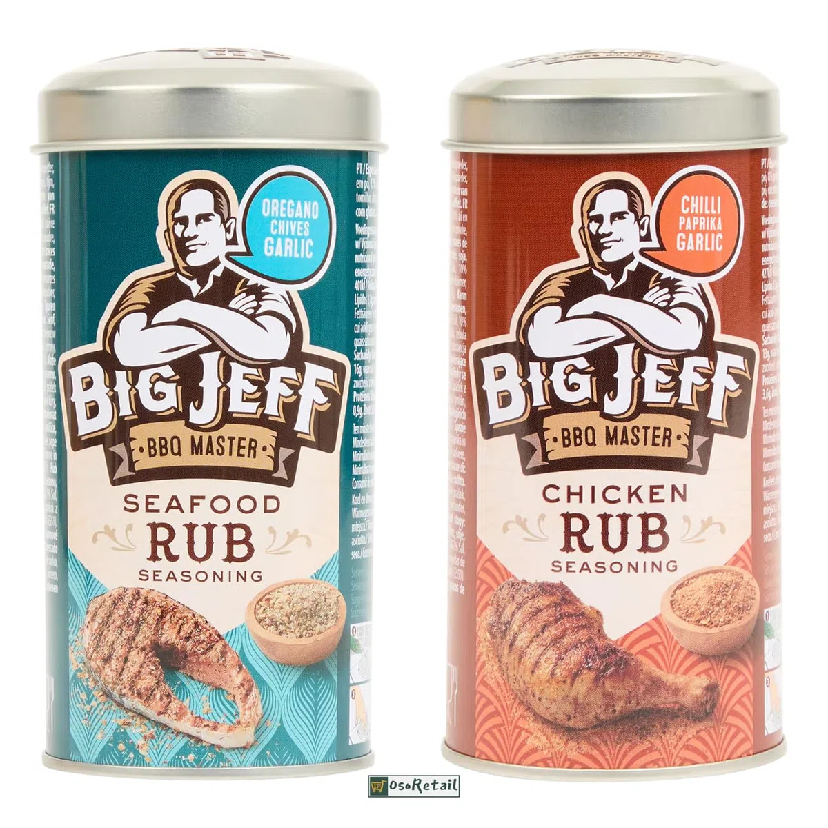 OsoRetail pack de 2 latas de mezcla de especias para pollo y pescados-mariscos | Big Jeff Chicken Rub y Seefood Rub | 2x 100gr