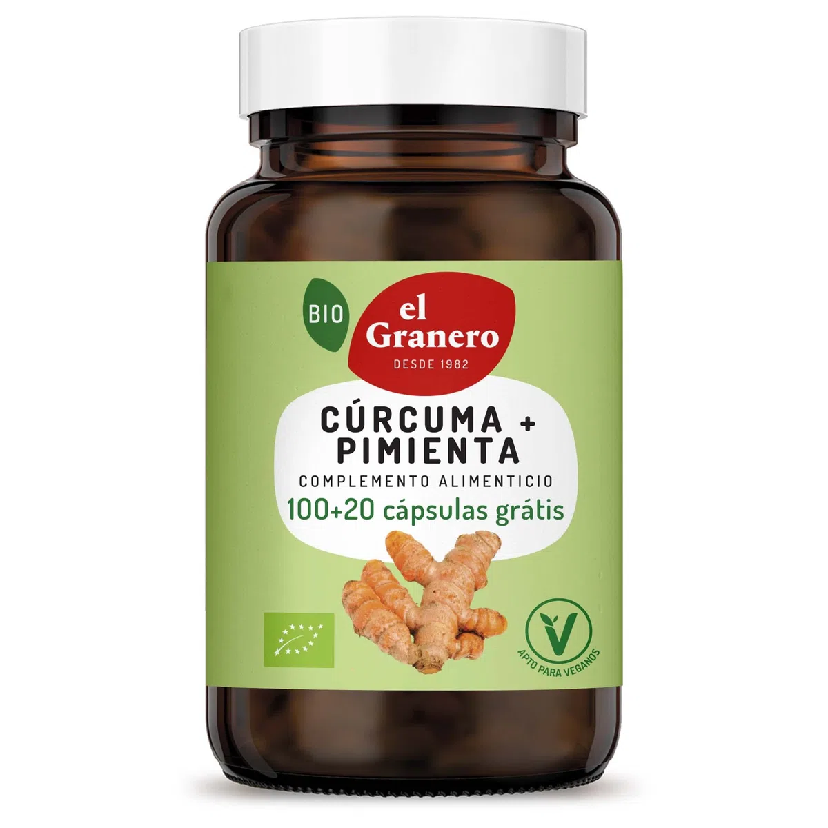 El Granero Integral - Complemento Alimenticio - Cúrcuma + Pimienta Bio - 120 Cápsulas - Elaborado a Base de Polvo de Raíz de Cúrcuma y Pimienta Negra - Efecto Antioxidante - Ideal para Deportistas