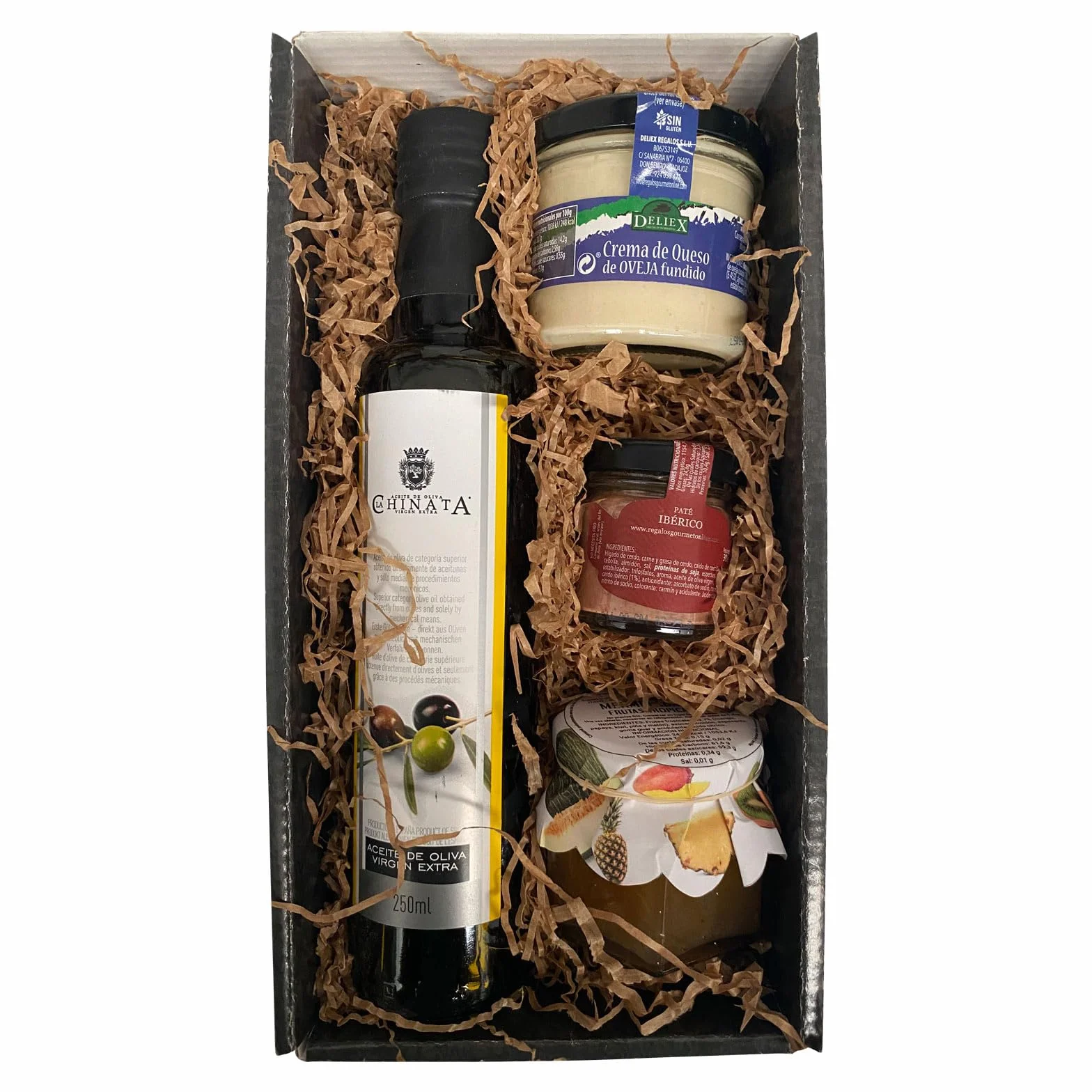 Cesta de productos gourmet con aceite de oliva virgen extra 250 ml en vidrio, Crema de queso, paté ibérico DELIEX en formato de 30 g y mermelada