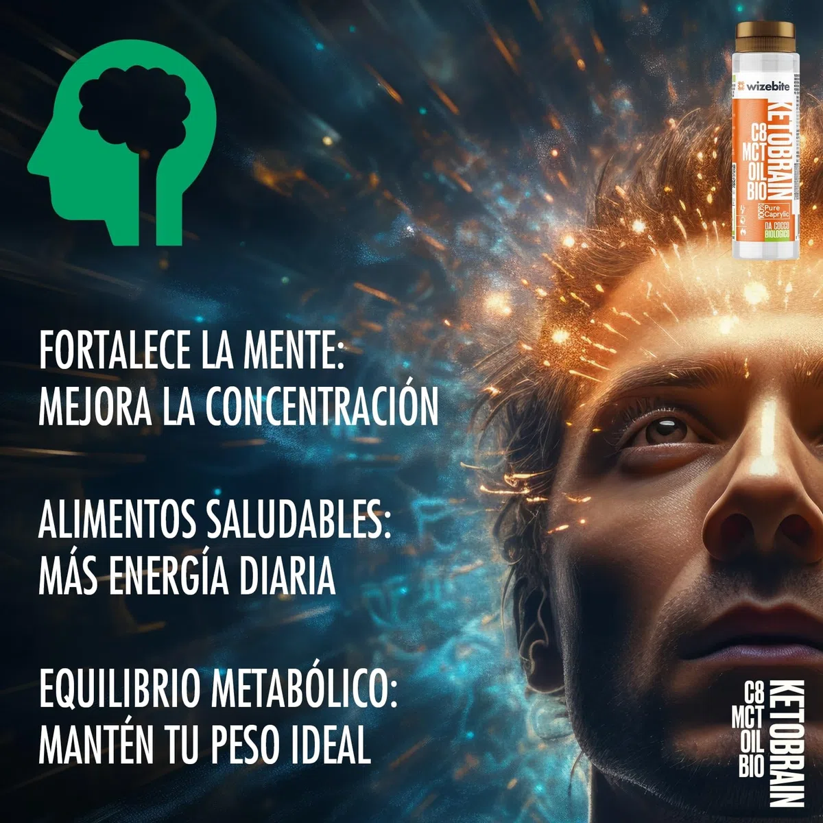 WIZEBITE Aceite MCT 100% C8 KetoBrain - Energía Sostenida & Rápida, 250ml - Ideal para Dieta Keto, Dieta Paleo & Rendimiento Cognitivo - Aceite de Coco Orgánico