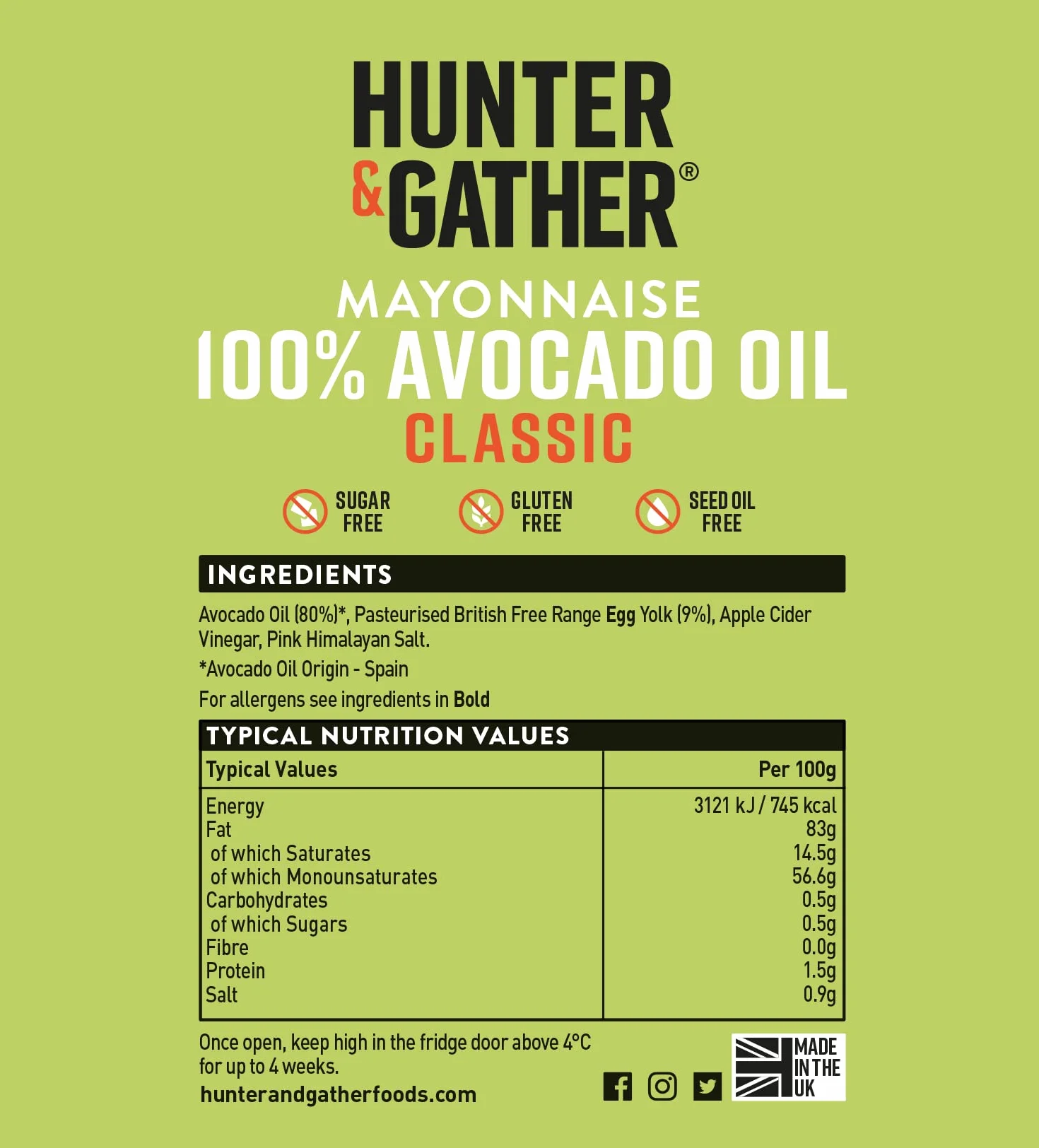 Hunter & Gather Mayonesa de Aceite de Aguacate | Clásico 250g | Hecha con Aceite de Aguacate Puro y Yema de Huevo de Granja Británica | Paleo, Keto, Sin Azúcar y Sin Gluten