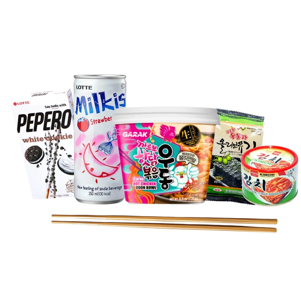 Menú Coreano – Pack de Comida Coreana Completa con Udon Garak, Kimchi, Bebida Milkis, Pepero y Algas