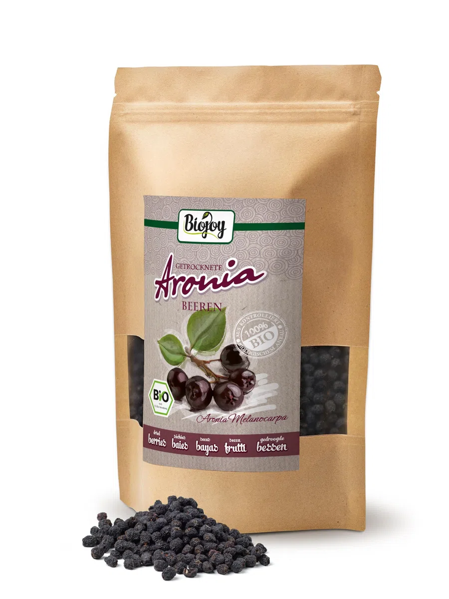 Biojoy Bayas de Aronia secas BÍO (500 g), Frutas enteras, sin azúcar añadido (Aronia melanocarpa)