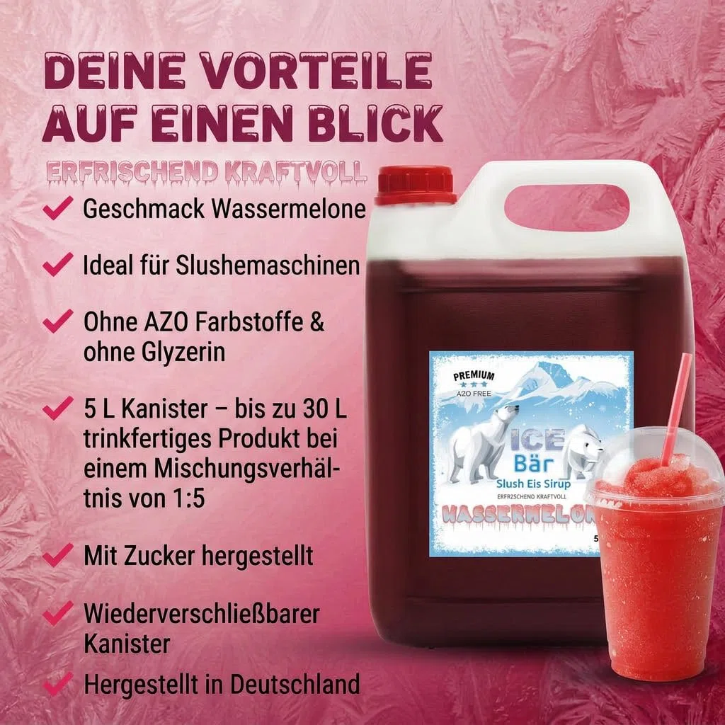 ICE Bär SLUSH Granizado 12 variedades afrutadas, 5 litros de concentrado, Sabor a sandía, granizador de hielo para máquina de hielo de bricolaje 5L (Paquete de 1)