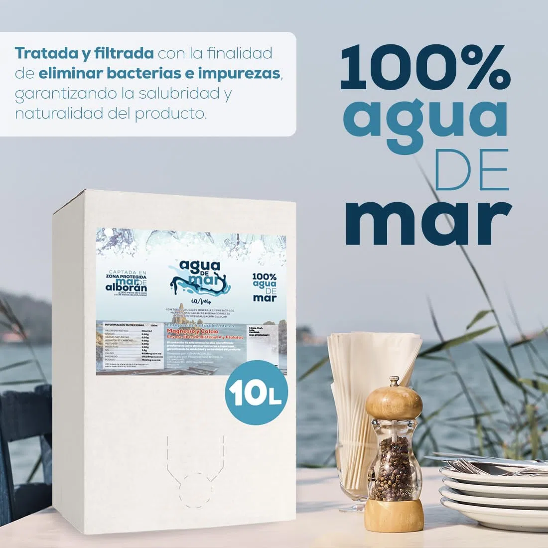 Agua de Mar 100% Natural e Hipertonica del Mar de Alborán - Para Cocinar, Rica en Magnesio y Calcio - Microfiltrada - Alternativa Saludable a la Sal (BiB 10 litros)