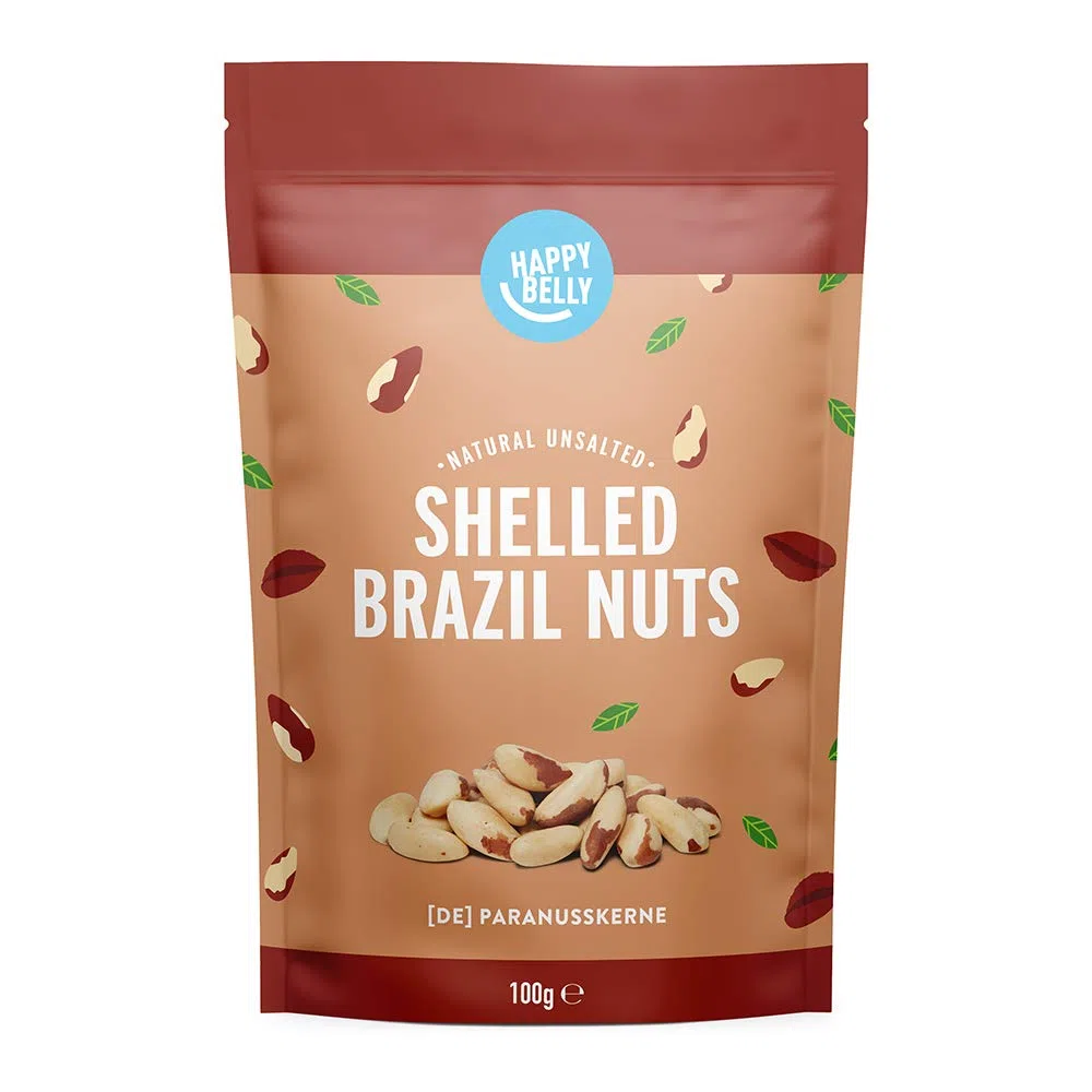 Marca Amazon - Happy Belly Nueces de Brasil sin cáscara, Sin Sal, 100g, Paquete de 7