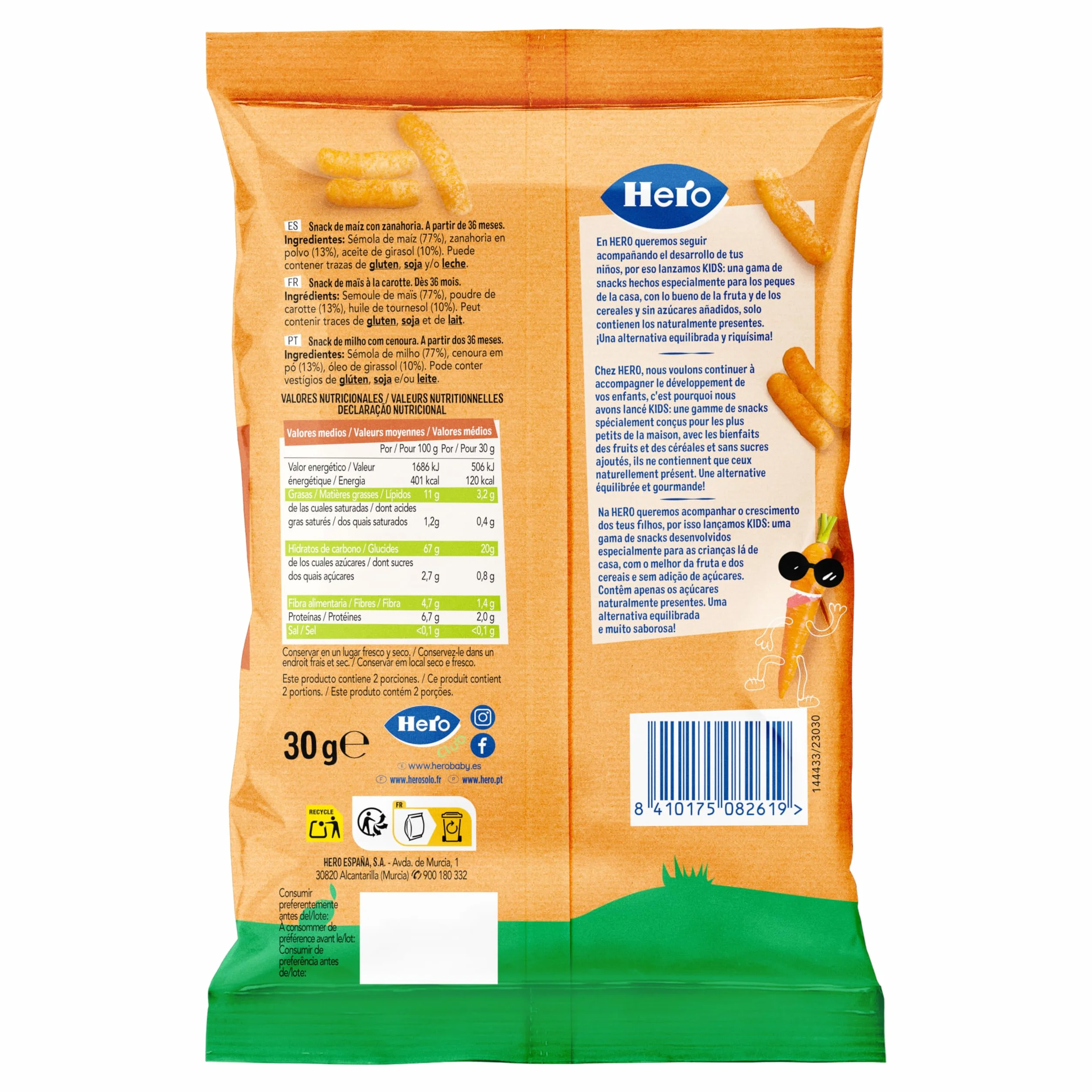 Hero – Snack Bâtonnets Carotte, Sans sucre, gluten, huile de palme ni allergènes, origine naturelle, produit écologique – Pack de 9x30 g