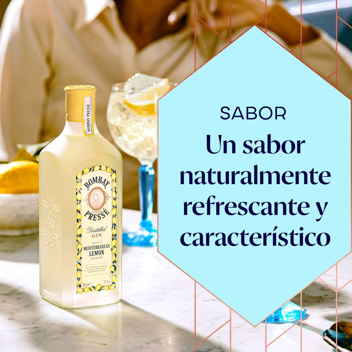 Bombay Citron Pressé Premium Distilled Lemon Flavoured Gin, 37,5% vol., 700 ml, Ginebra infusionada al vapor con los mejores limones del Mediterráneo, 70 cl