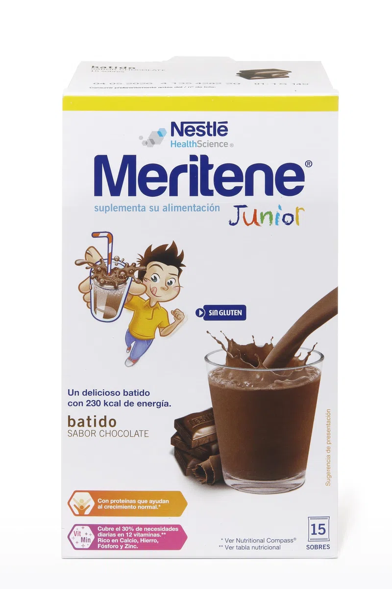 Meritene Junior |Suplemento Alimenticio en Polvo |Batido con Proteínas Vitaminas y Minerales| Sabor Chocolate| Refuerza el Sistema Inmunitario| Correcto Desarrollo y Crecimiento| 15 sobres | 30 gr