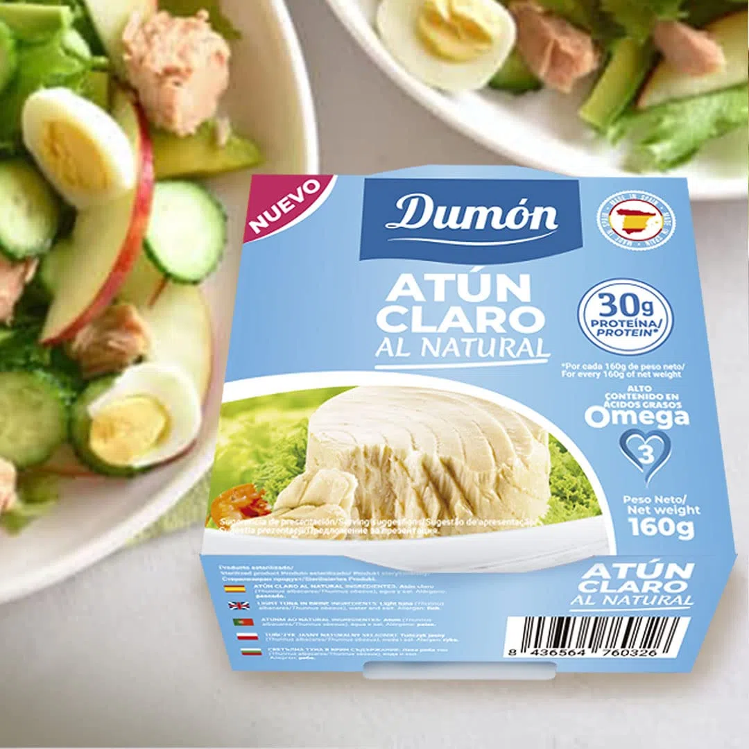 DUMON - 8 unidades de 160g Atún Claro al Natural en Conserva, en su propio jugo o agua. Pescado enlatado alto en Omega 3 y proteína