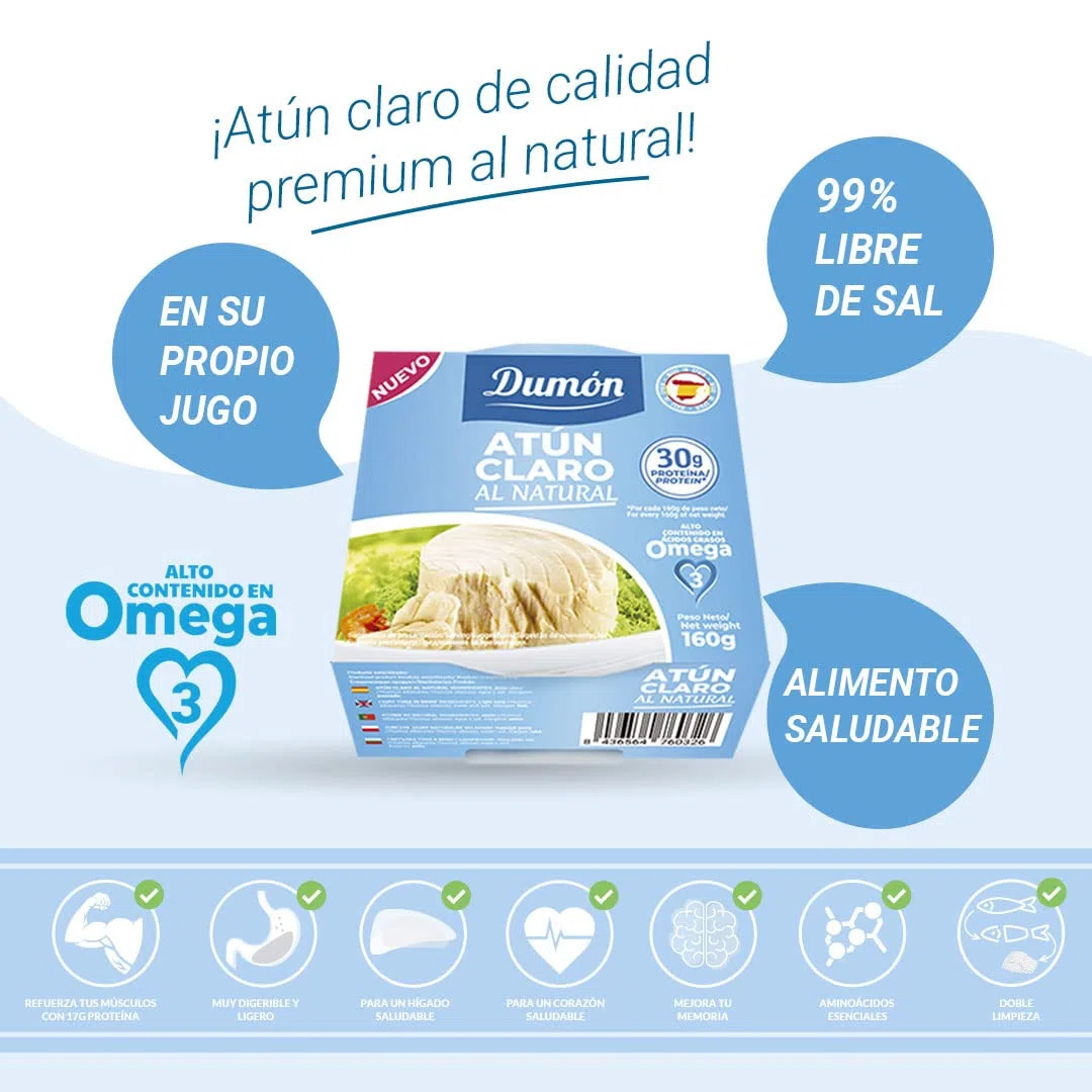 DUMON - 8 unidades de 160g Atún Claro al Natural en Conserva, en su propio jugo o agua. Pescado enlatado alto en Omega 3 y proteína