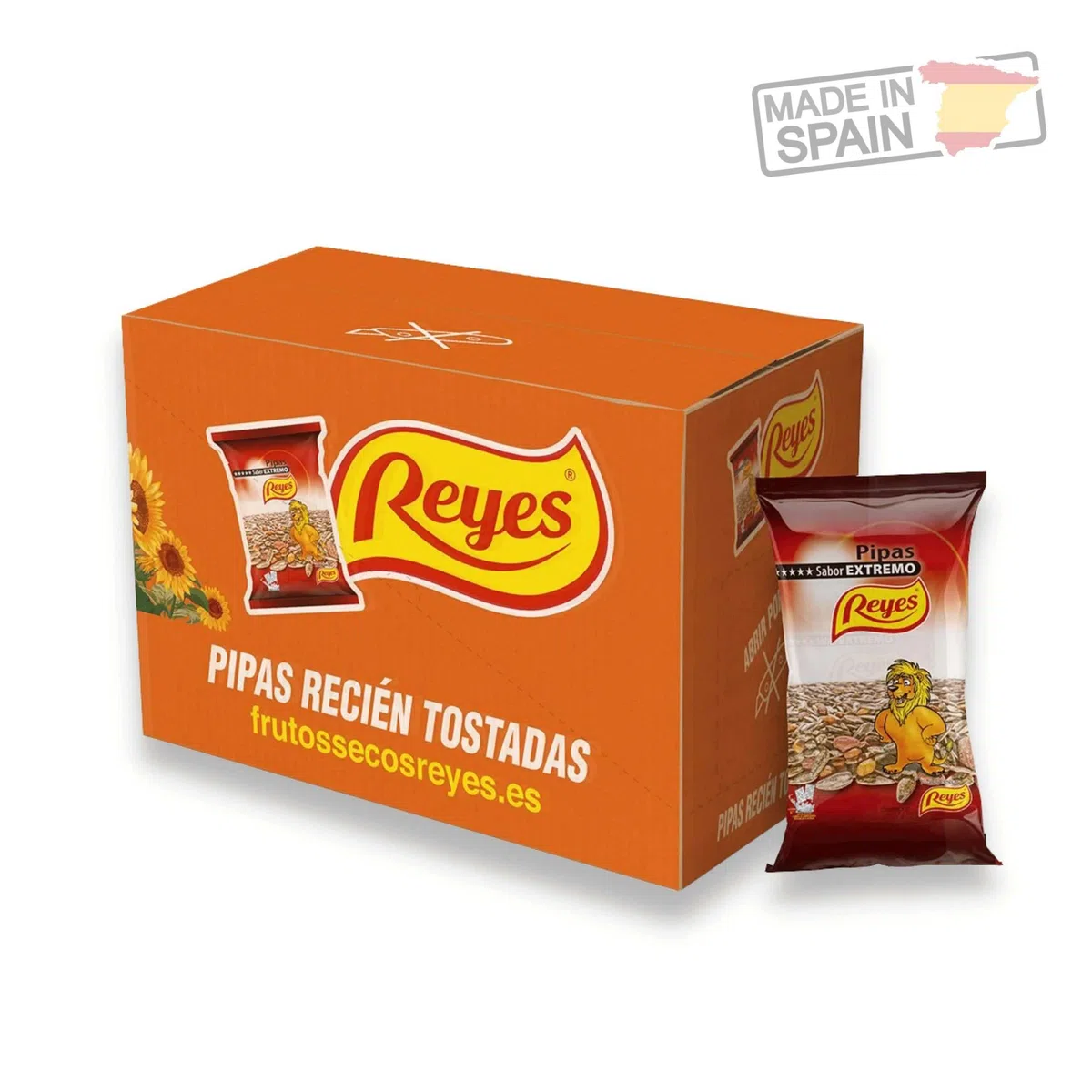 FRUTOS SECOS REYES Pipas de Girasol Naturales con Sal León 80 Gr x Caja 12 Unidades