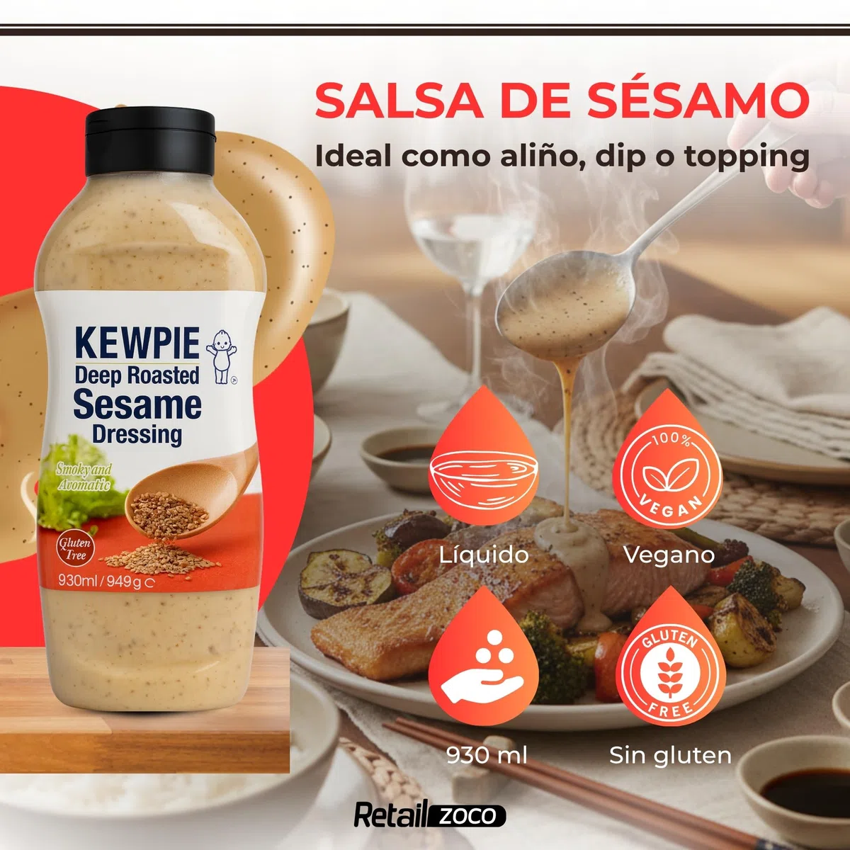 Salsa de Sésamo tostada, Salsa sin gluten, popular en cocina japonesa, Sabor umami, Ideal para usar como añiño en ensaladas, topping para poke, bowls o como salsa para noodles frios, 1 bote de 930 ml