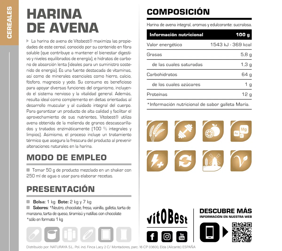 VITOBEST | Harina de Avena Cereales (Bolsa) | 100% integral rica en fibra soluble | Ideal para mantener una dieta sana y balanceada | Sabor Chocolate - 2 kg