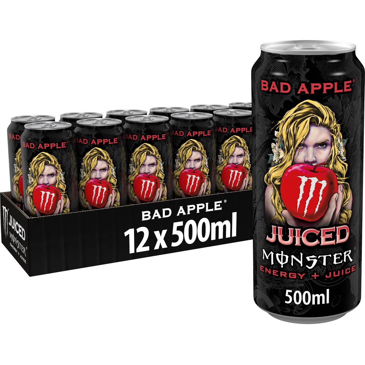 Monster Energy Juiced Bad Apple, Bebida Energética- Pack de 12 Latas de 500ml