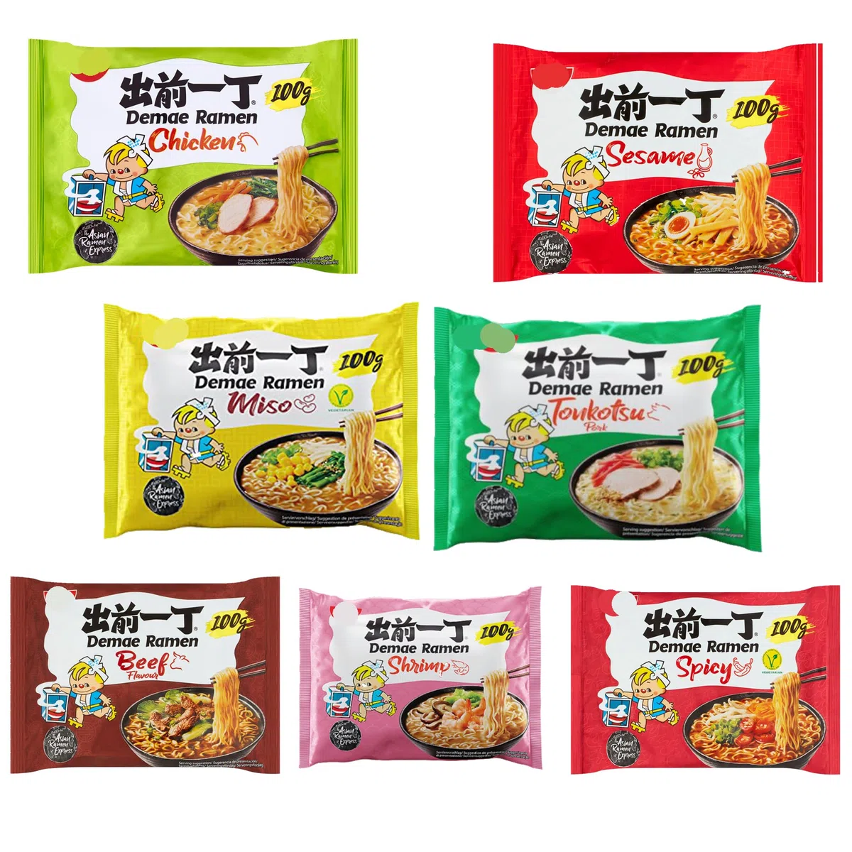 YIJIA | Pack 7 x 100g Demae Instant Noodles Ramen PAQUETES MEZCLADOS - Sabor Tonkotsu, Pollo, Ternera, Mariscos, Sésamo, Picante, Miso