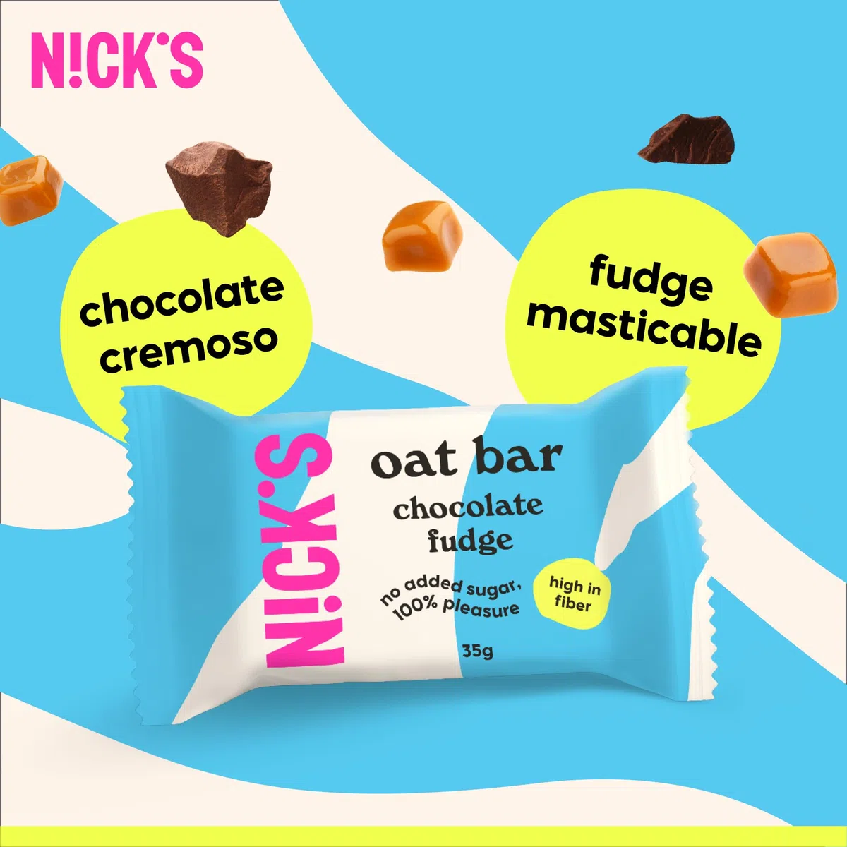 NICKS Barritas de avena con fudge de chocolate, snack flapjack tradicional, barra de avena rica en fibra y sin azúcares añadidos (12x35g)