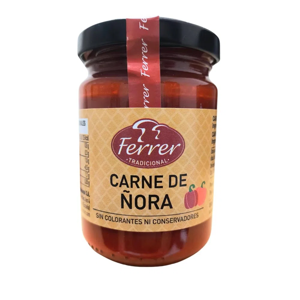 Carne de Ñora - Ferrer - Tarro de Cristal 125 GR - Pasta de Pimientos Ñora para Salmorreta para Paella, Sabor Dulce y Ligeramente Ahumado, Ideal para Arroces, Guisos y Salsas, Listo para Usar