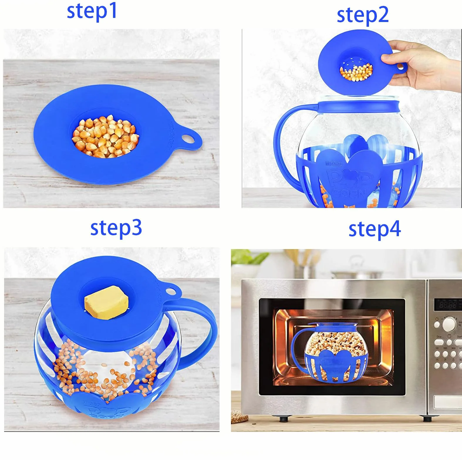 Palomitas de maíz para microondas, cristal de borosilicato, apto para microondas, lavavajillas, reuniones, fiestas, picnics, color azul