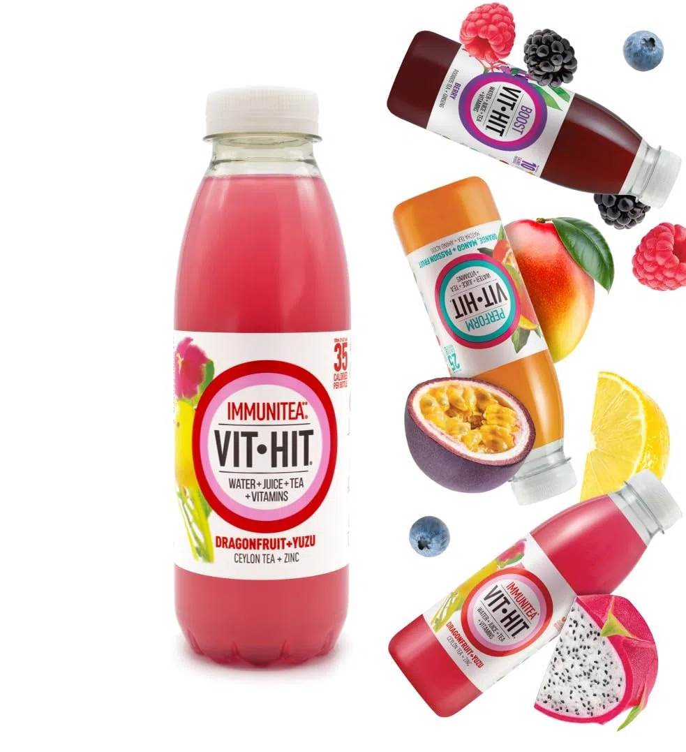 VIT HIT INMUNITEA | Fruta del Dragón y Yuzu | Bebida Vitaminada con zumo y té de Ceilán | Bebida sin calorías | Botella de 500 ml