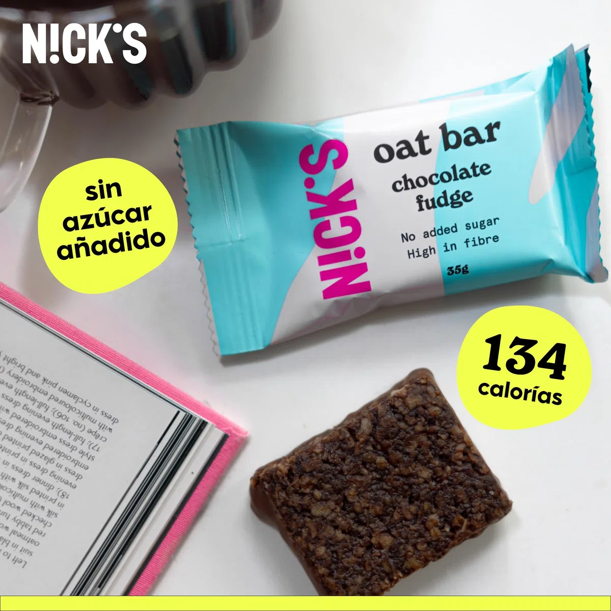NICKS Barritas de avena con fudge de chocolate, snack flapjack tradicional, barra de avena rica en fibra y sin azúcares añadidos (12x35g)