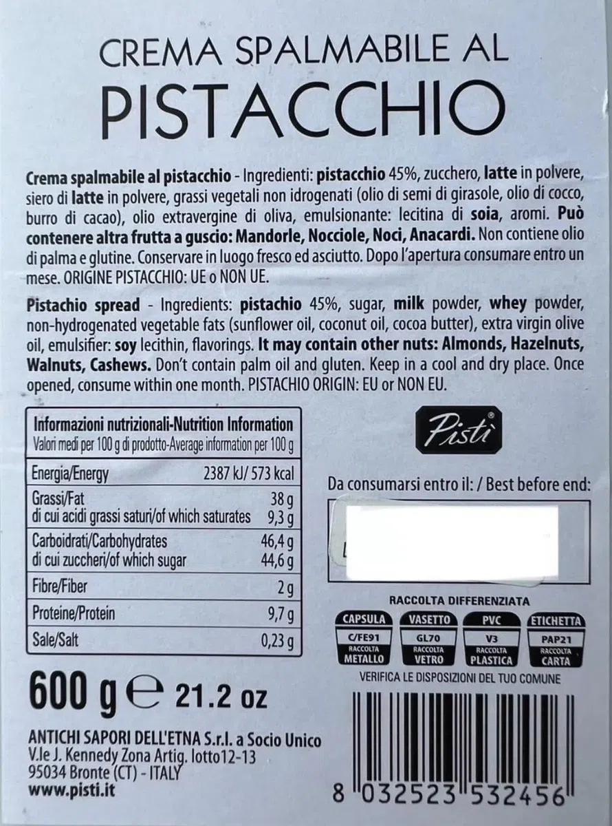 Saras Flavors of Asia Pisti Crema de pistacho siciliana para untar | Crema italiana dulce y aterciopelada | Ideal para hornear y cocinar | 600g