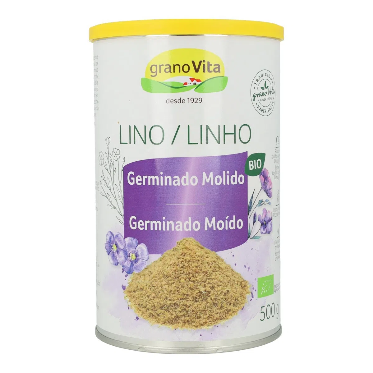 Granovita - Lino Germinado Molido - 100 % Natural - Rico en Omega 3 - Fuente de Proteínas - Mejora la Absorción de Nutrientes - Origen Vegetal - Apto para Veganos - 500 g