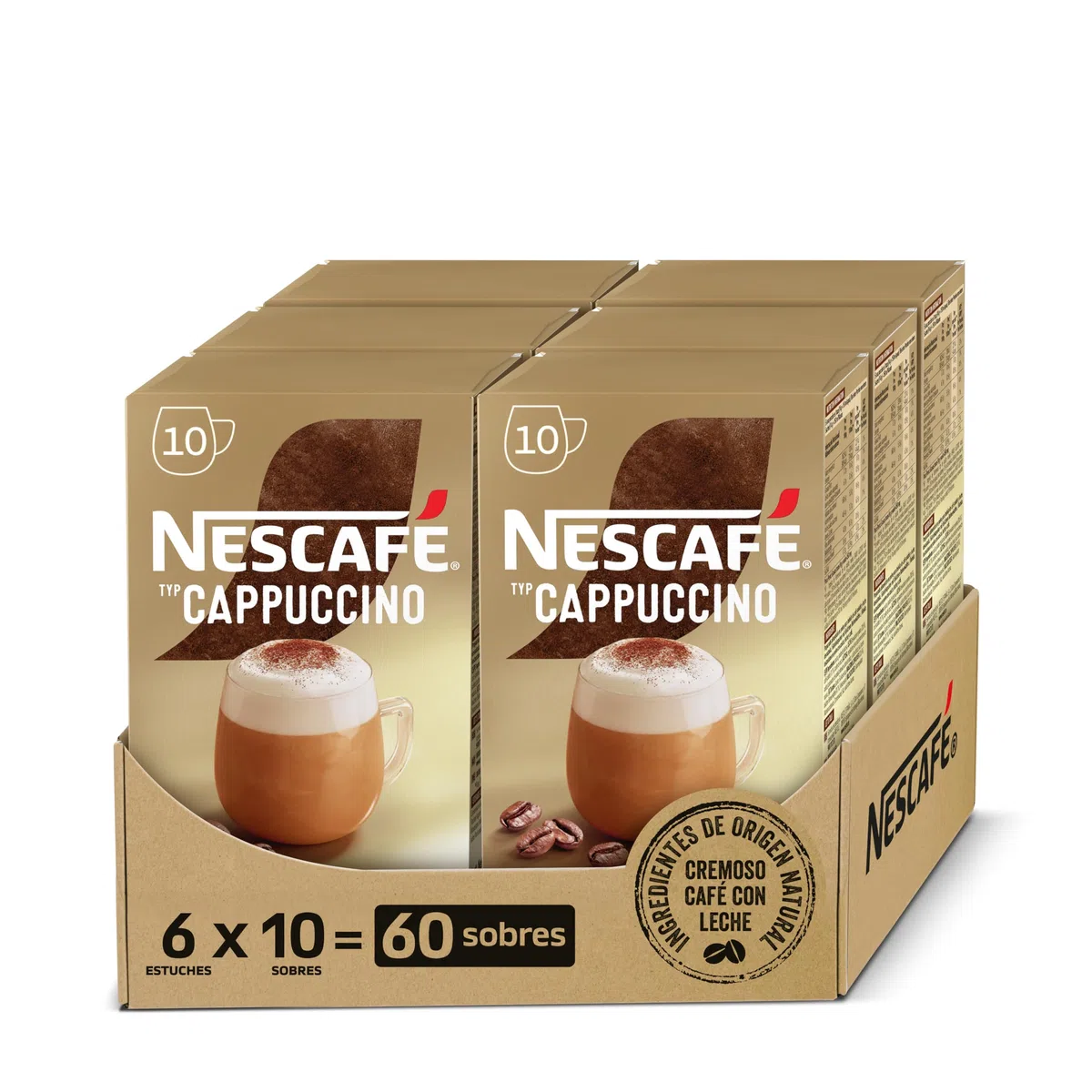 Nescafe CAPPUCCINO NATURAL café soluble natural , Pack de 6 unidades con 10 sobres, TOTAL 60 sobres