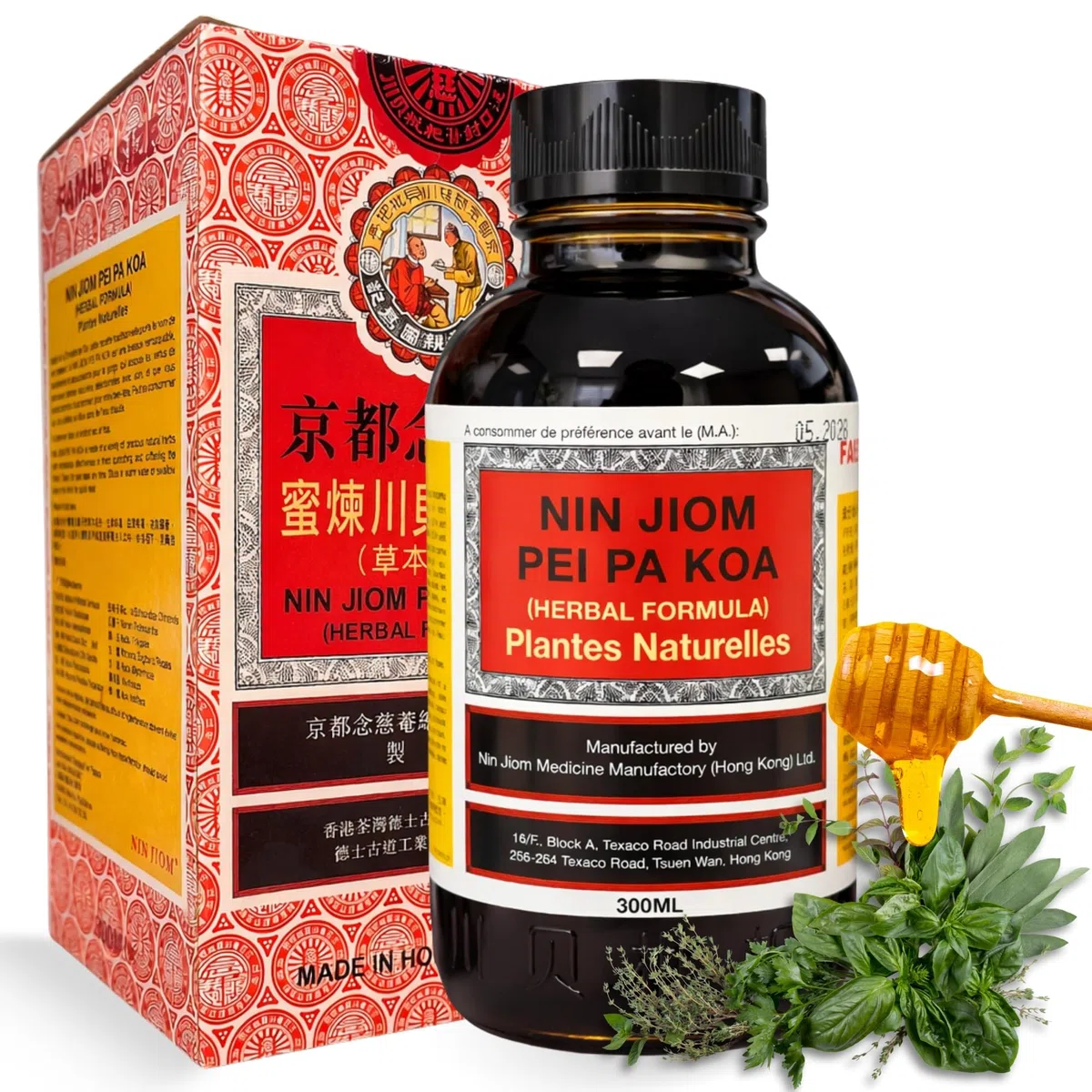 Nin JOM Pei pa Koa Sore Throat Syrup, Jarabe de dolor de garganta, 100% natural, Miel níspero flavoured, Jarabe de hierbas naturales, Honey Loquat Flavored, Contiene 1 botella de 300 ml