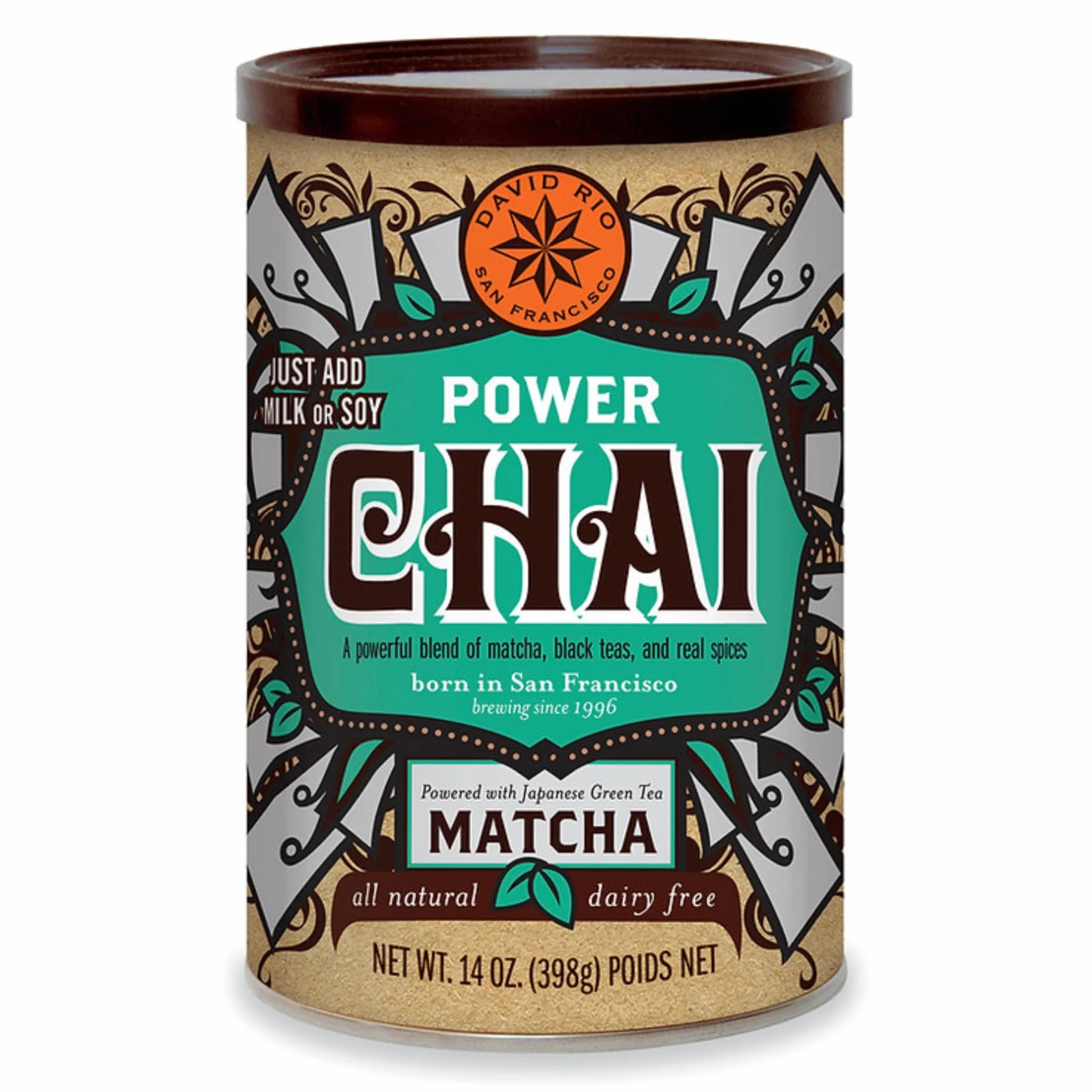 David Rio Power Chai Latte con Matcha, 14 Onzas, 398 g (Paquete de 1), Té, Vegano