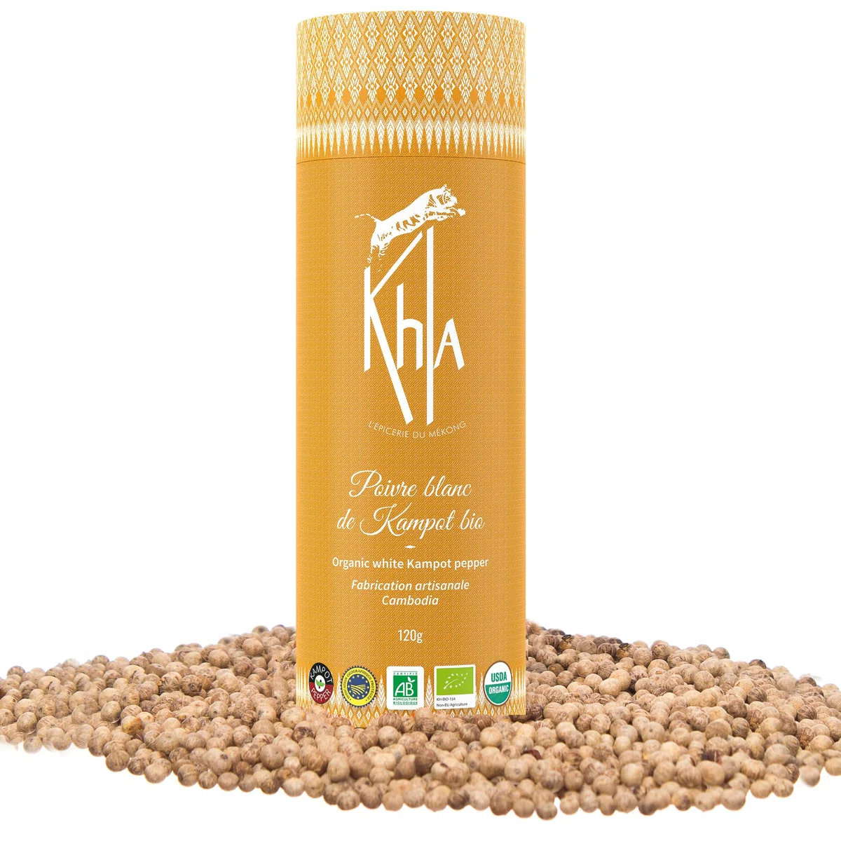 Khla - Pimienta Blanca de Kampot Orgánica 120g - Pimienta en Grano - Fuerte y Potente - Ingrediente de Cocina - Directo del Productor - Especia Asiática - Origen Camboya