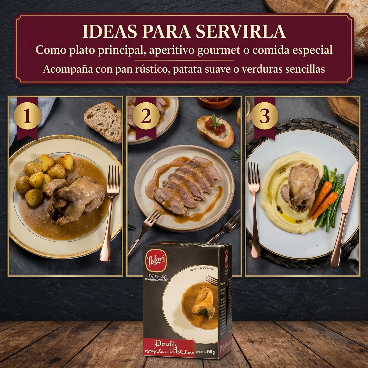 POLGRI Perdiz Estofada Toledana Conserva de Caza Comida Gourmet 450 g Lata Oval Estuchada Plato Preparado Receta Espanola Tradicional Ave Selecta Delicatessen Premium Cocina Castilla Toledo Lista