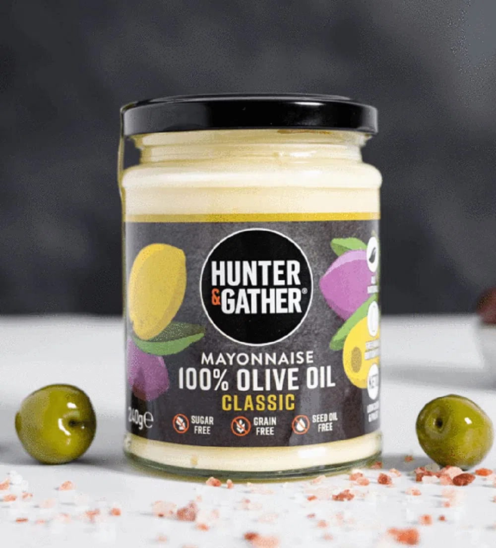 Hunter & Gather Mayonesa de Aceite de Oliva 250g | Hecha con Yema de Huevo Campero Británico | Mayonesa Paleo, Keto, Libre de Azúcar y Gluten | Libre de Saborizantes Artificiales